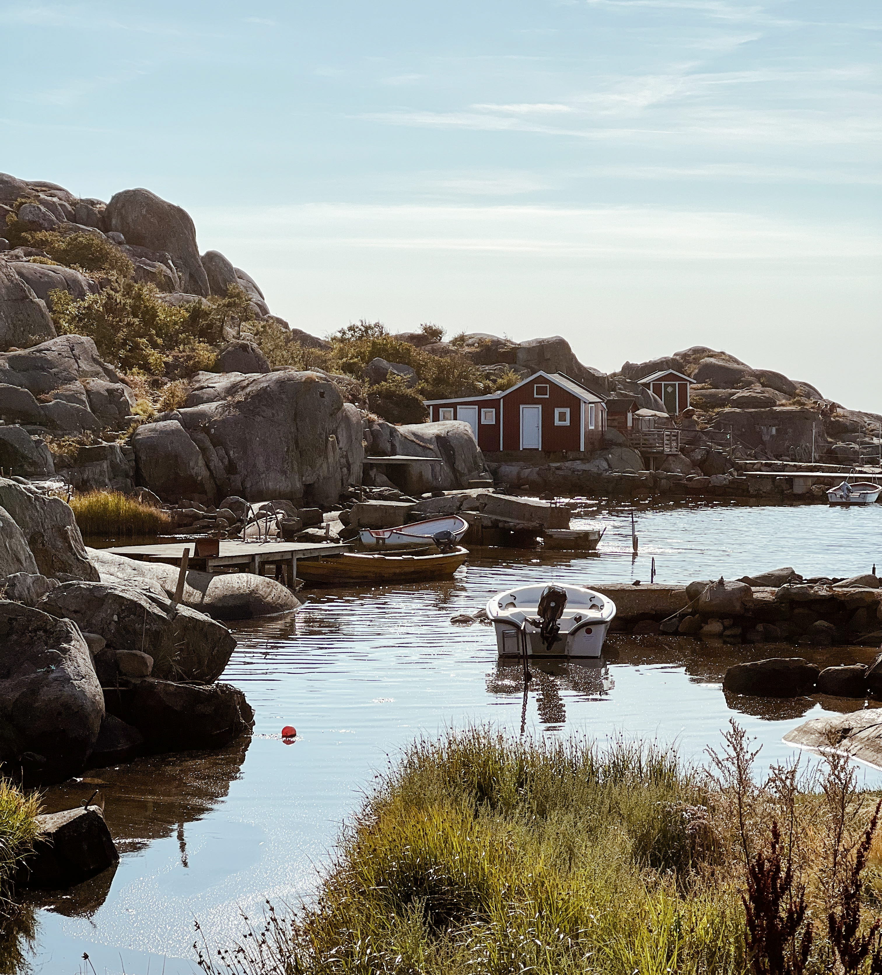 Boathouses in bay on Hönö
