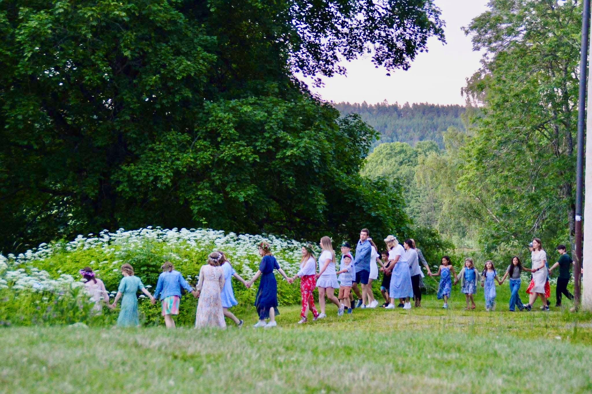 Människor dansar i gräset på midsommarafton.