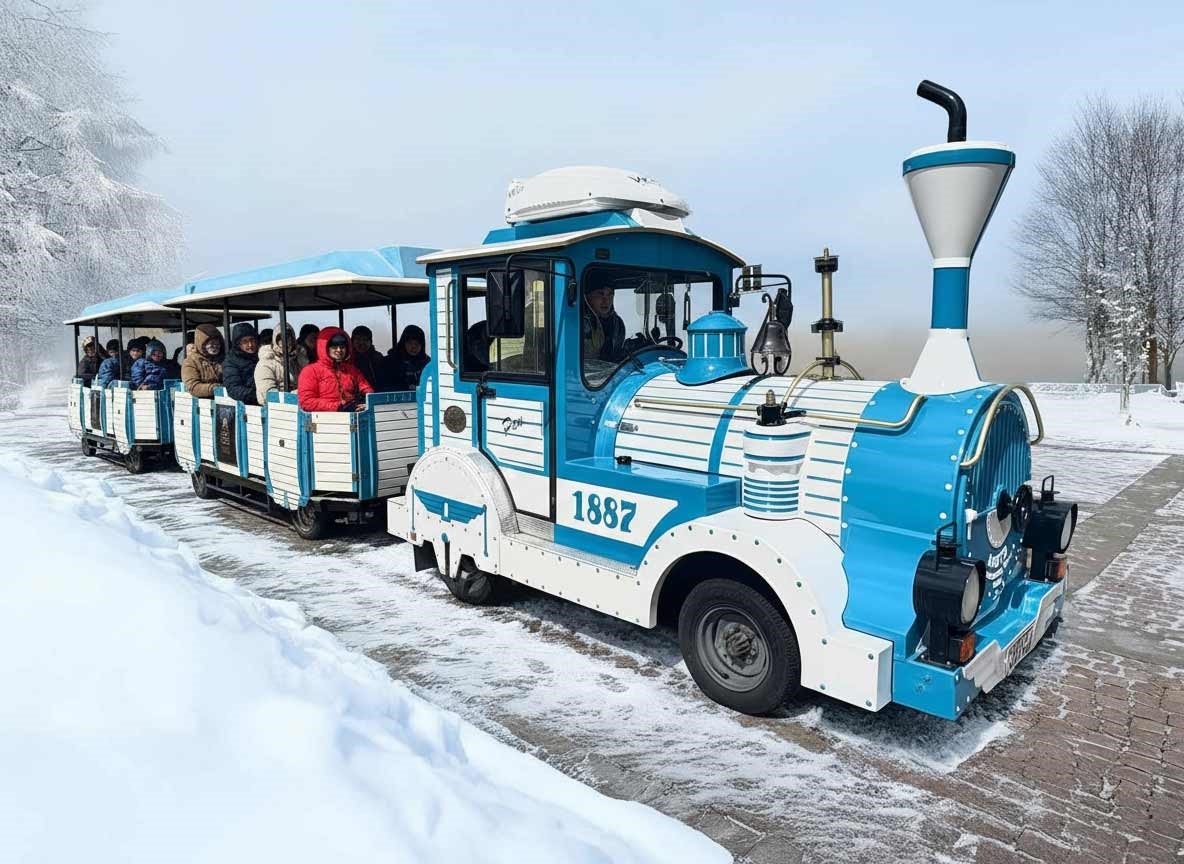 Blått tåg på hjul