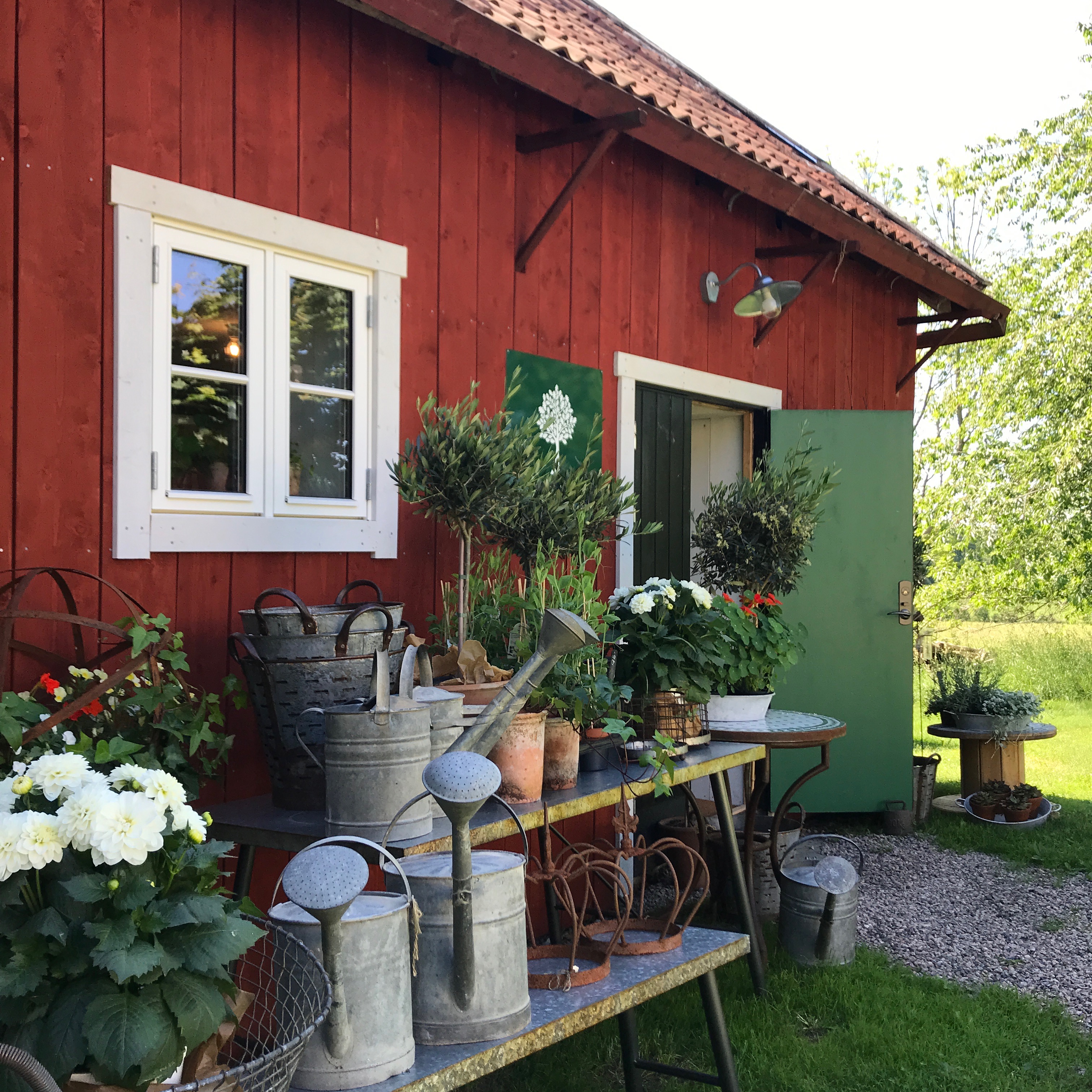 Ingången till gårdsbutiken pyntad med vackra blomdekorationer