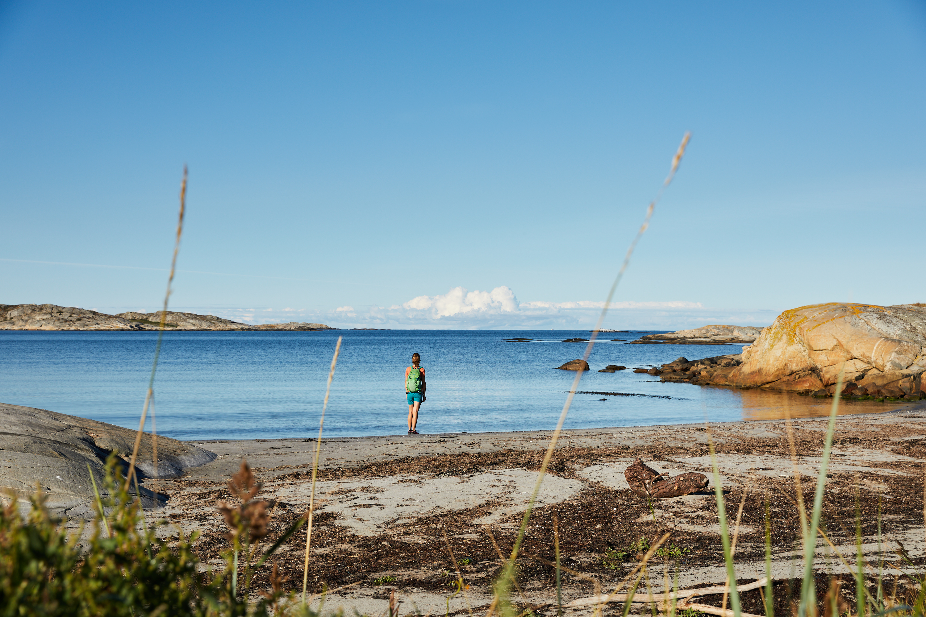 Vandrare som står på en strand.