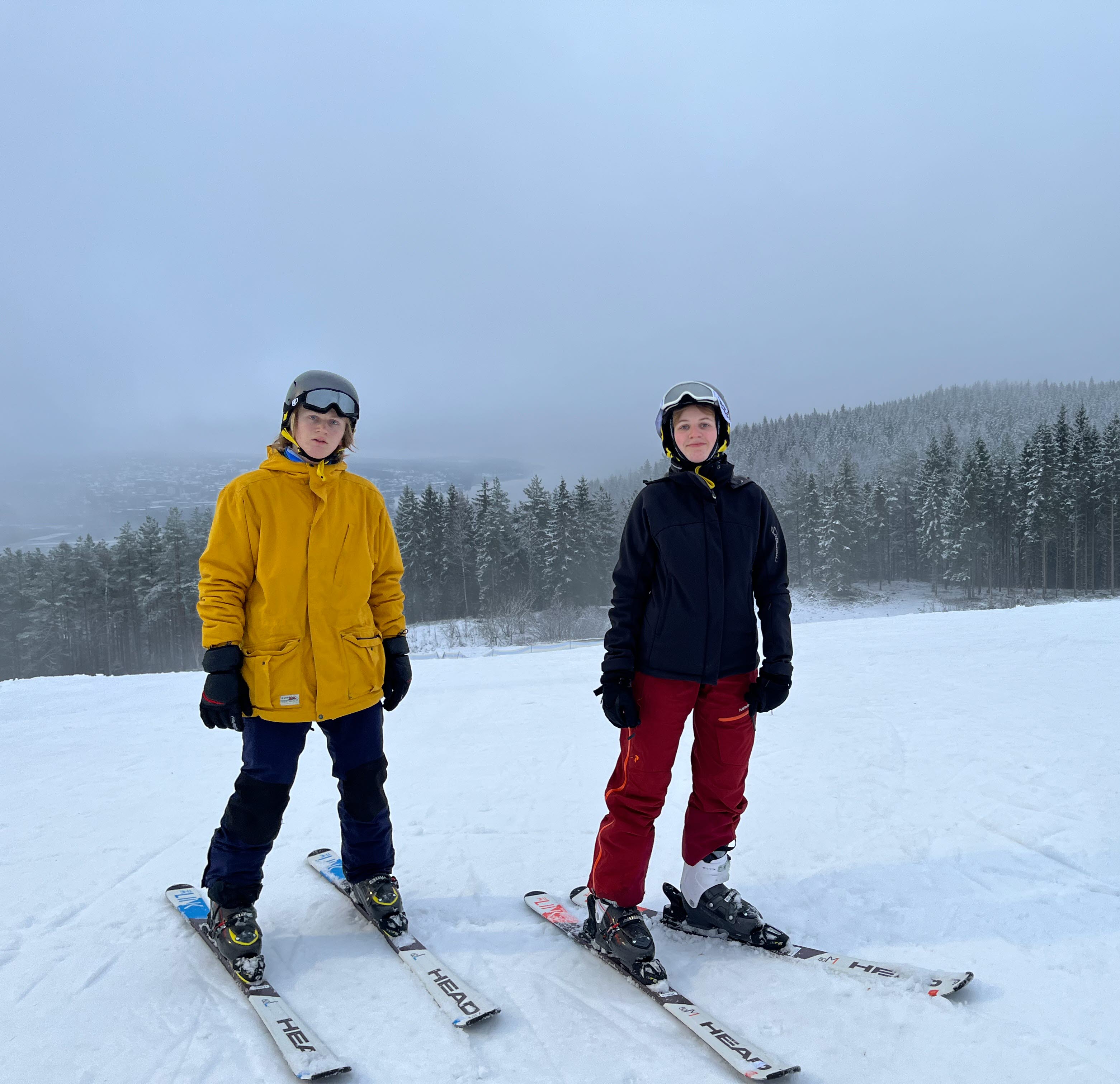 Teenagers on skis in the slalom slope