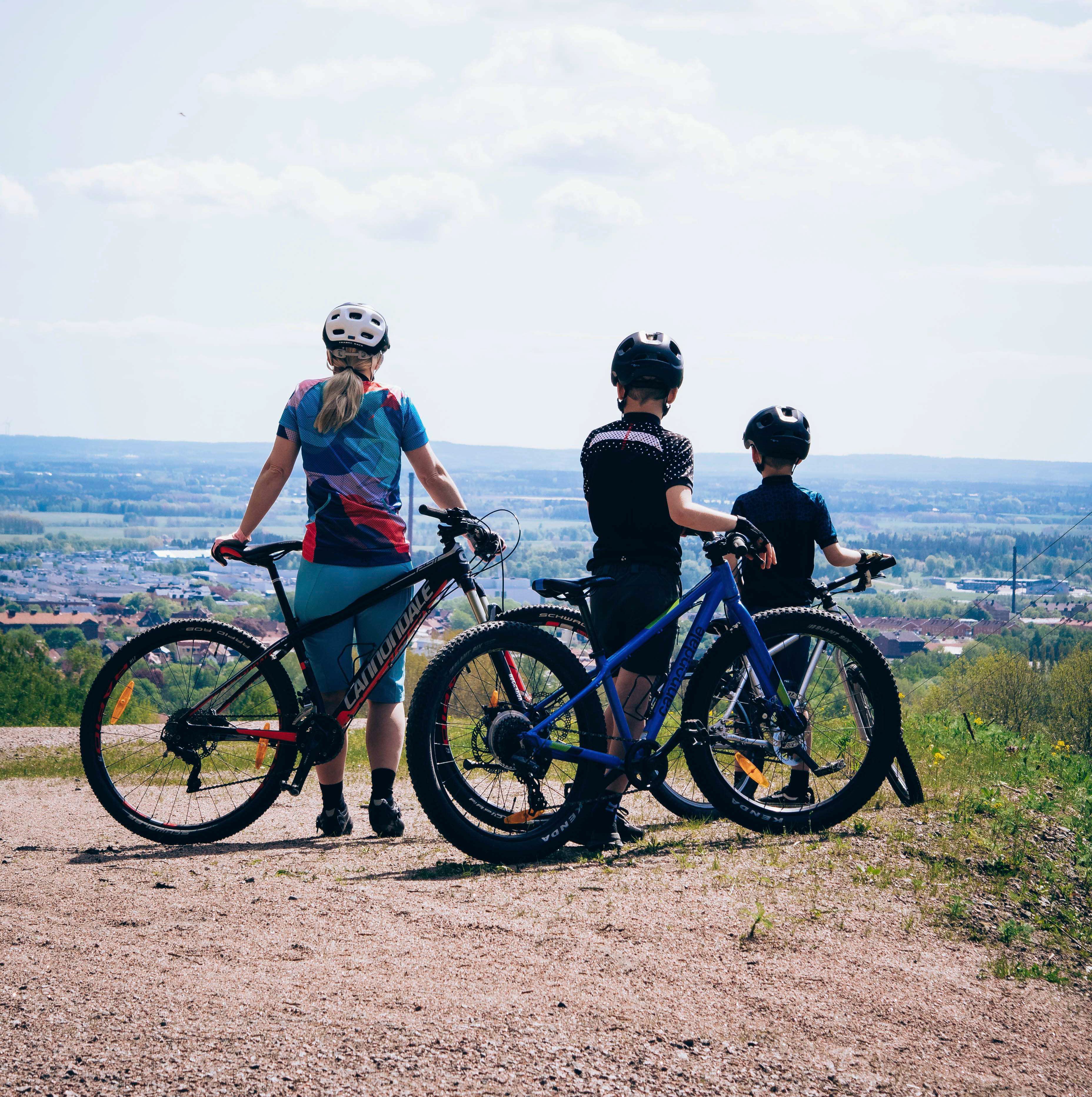 Mother and two children stand by mountain bikes on a mountain and look out over the city below