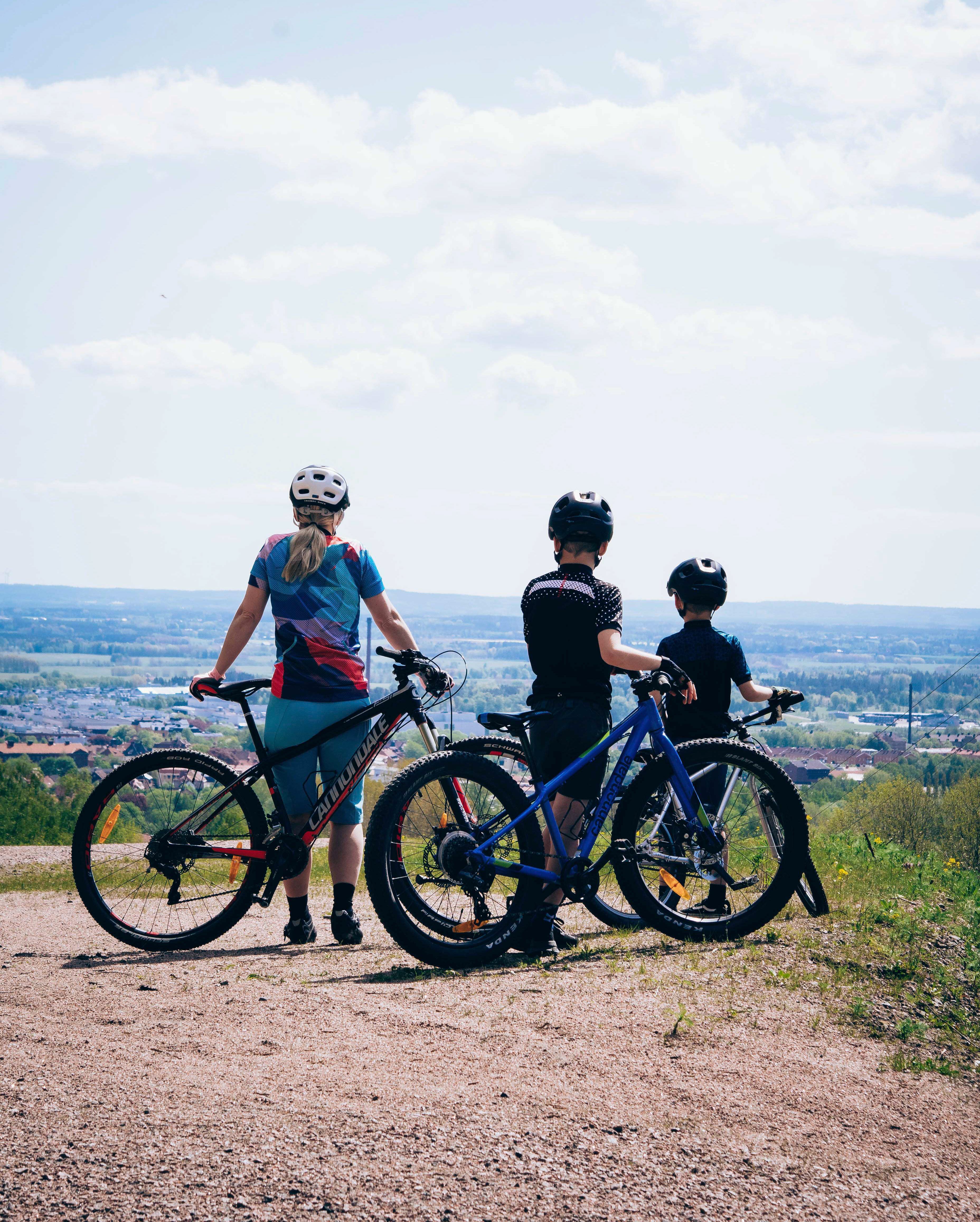 Mamma och två barn står vid mountainbikecyklar på ett berg och tittar ut över staden nedanför