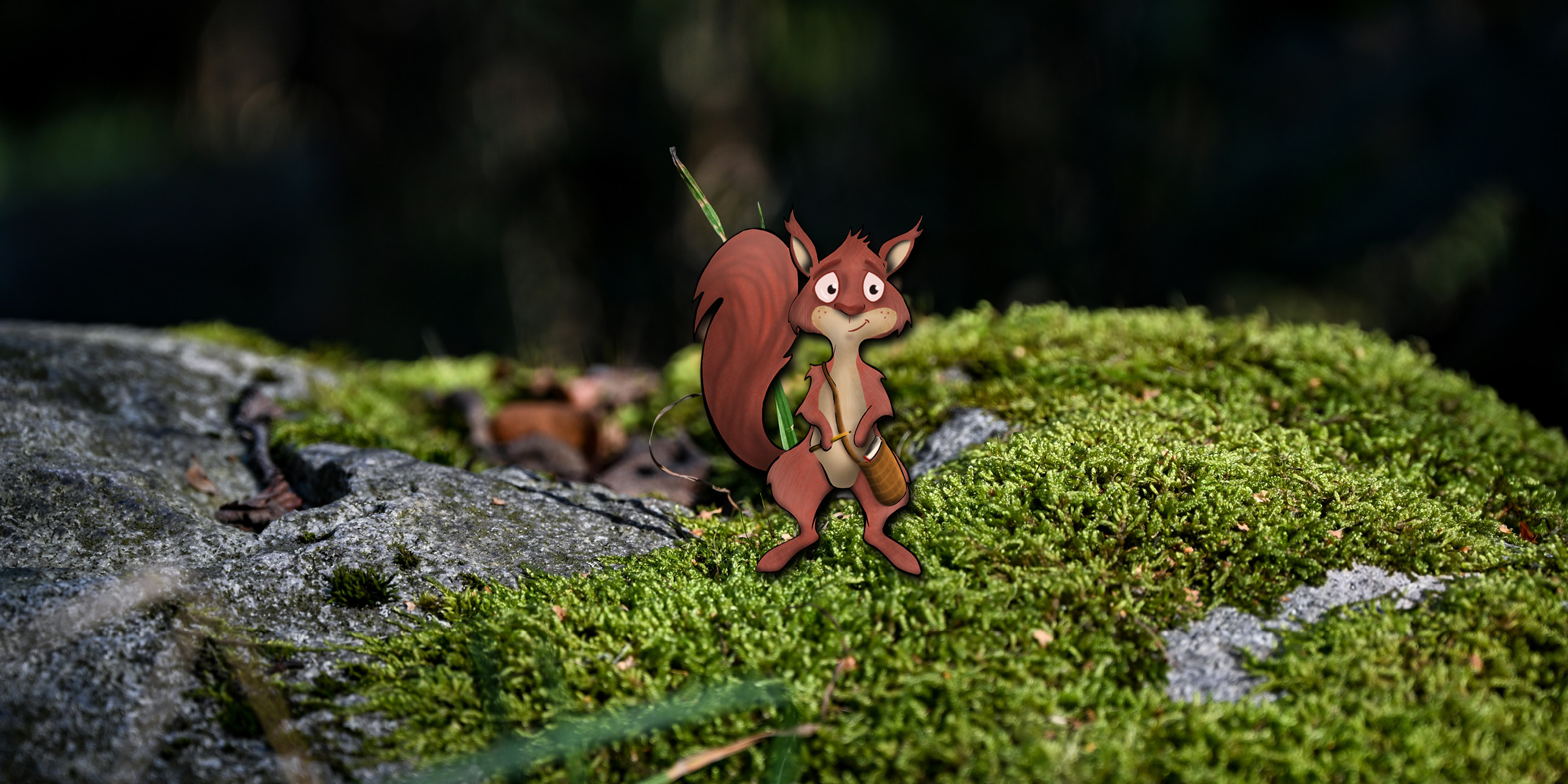 Tecknad ekorre på en sten med mossa och löv