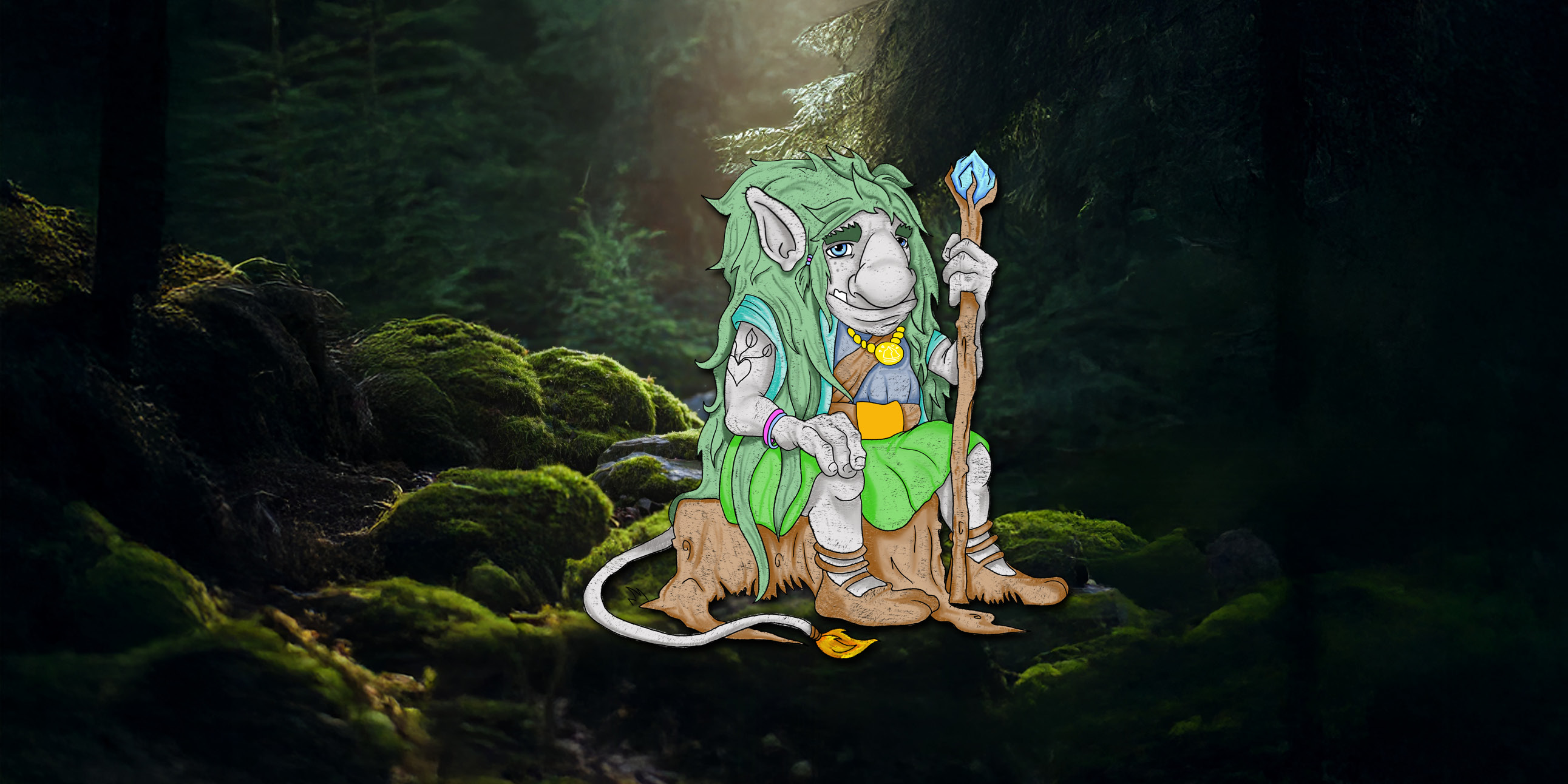 Ett tecknat Billingetroll som sitter på en stubbe i en sagoliknande skog med mossklädda stenar.