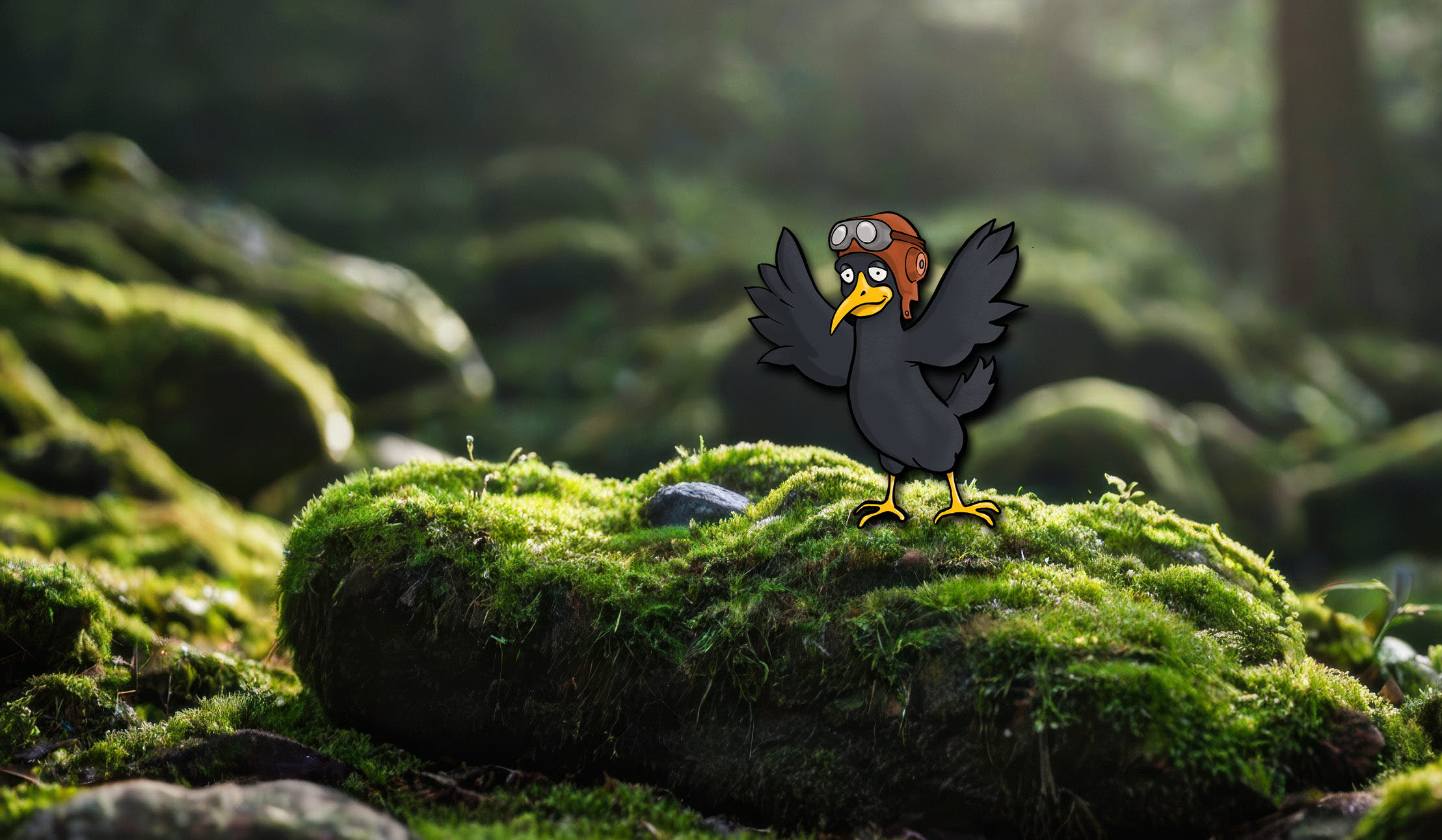 Tecknad korp på en sten täckt av mossa