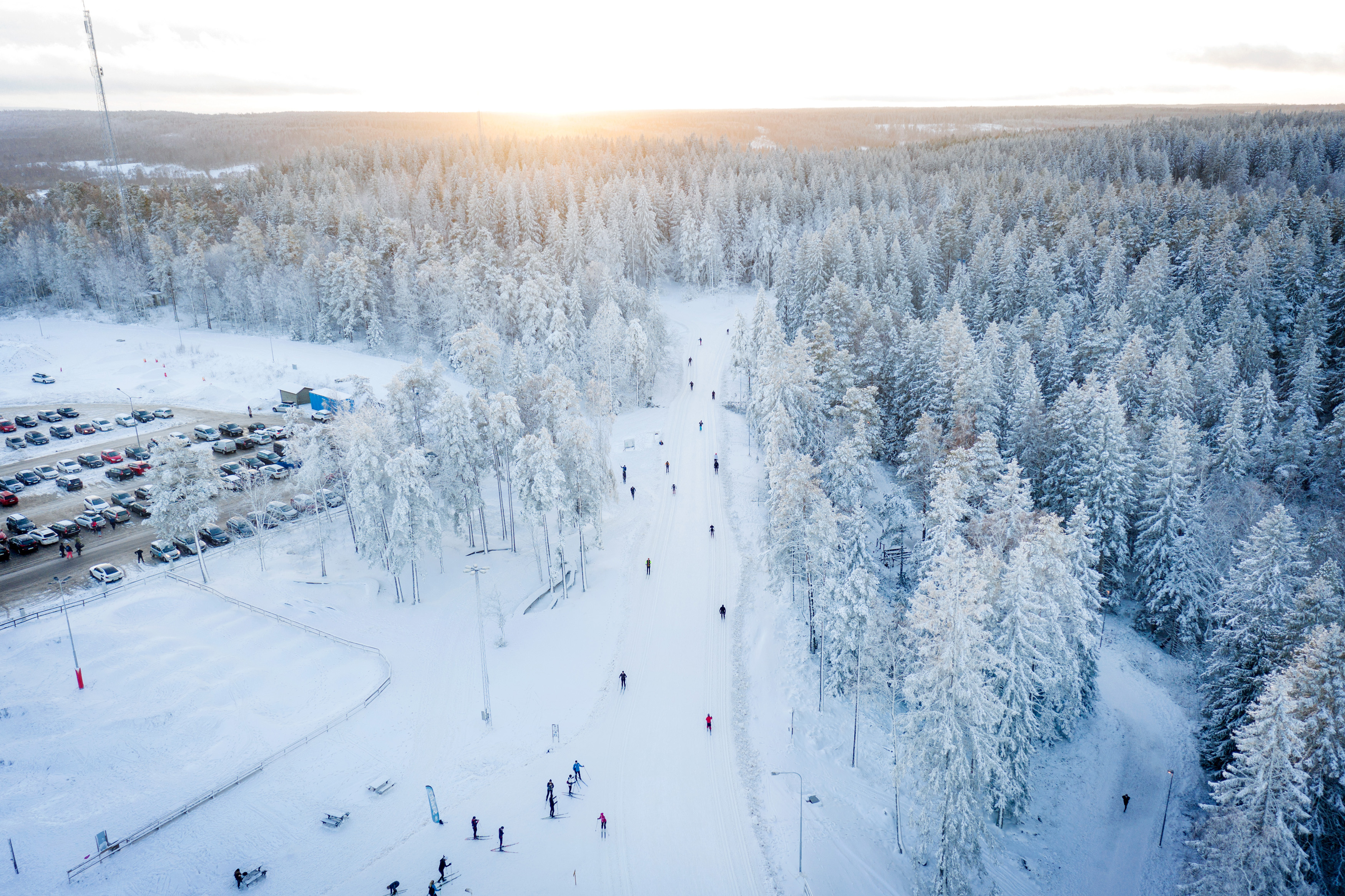 Drönarfoto över skidspåren en vinterdag på Billingen Skövde, solen är på väg ned bakom de snötäckta träden.