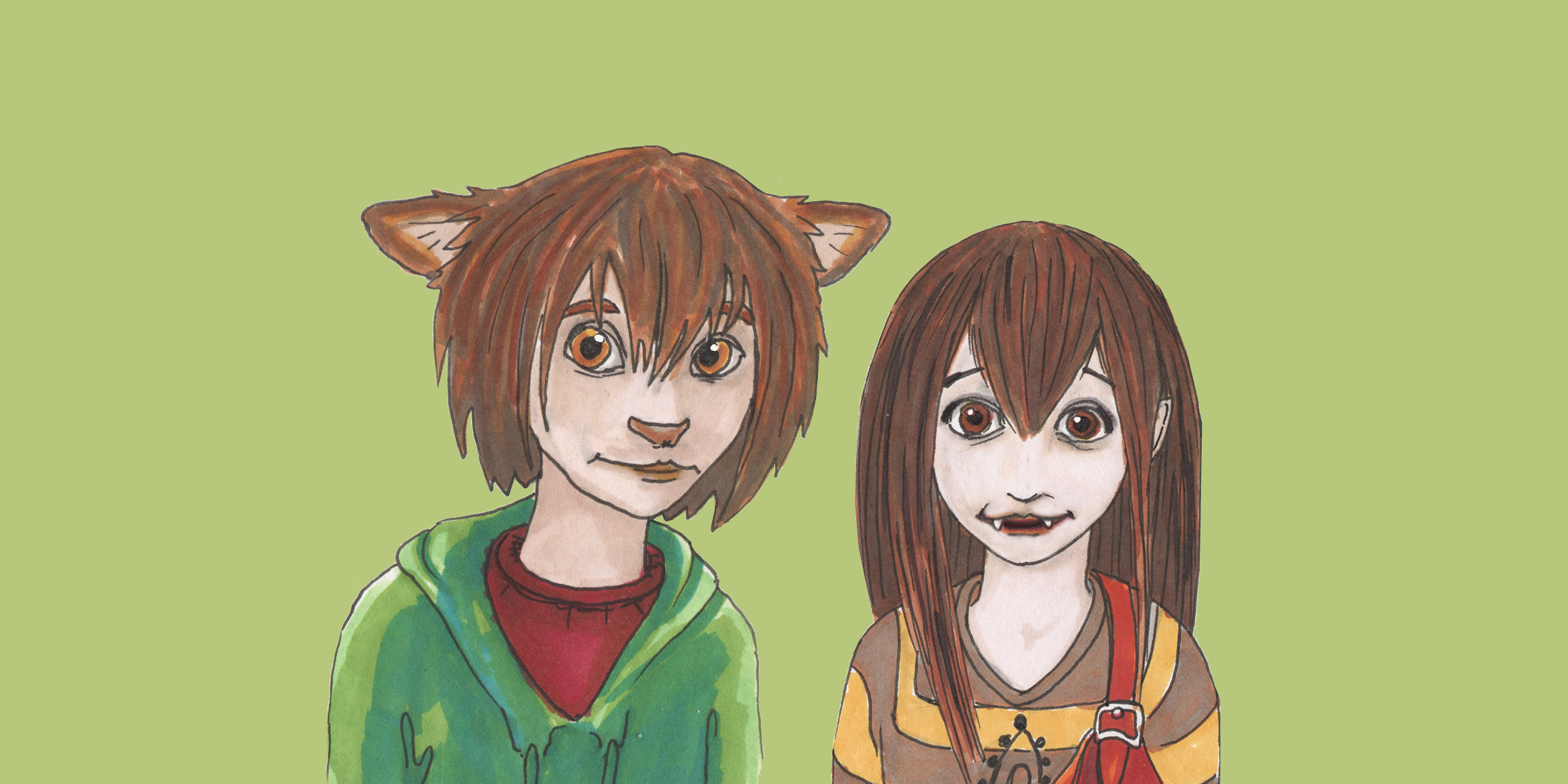 Tecknade figurerna Kira och Luppe från KLUB-böckerna med en ljusgrön bakgrund.