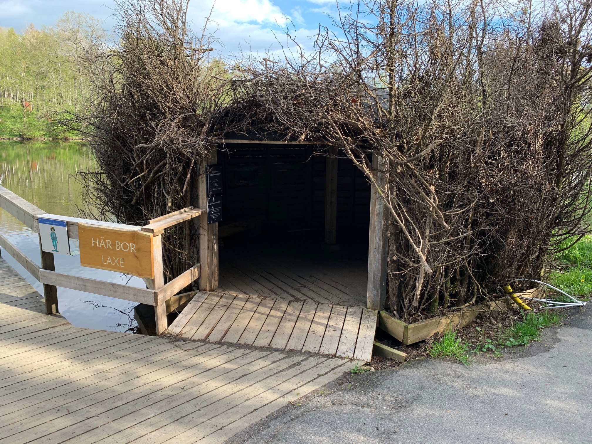 En hydda belägen precis vid en sjö byggd av kvistar och grenar. 