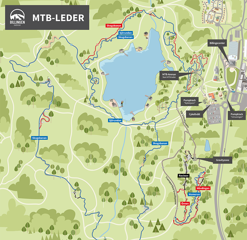 Overview map of mtb tracks on Billingen Skövde