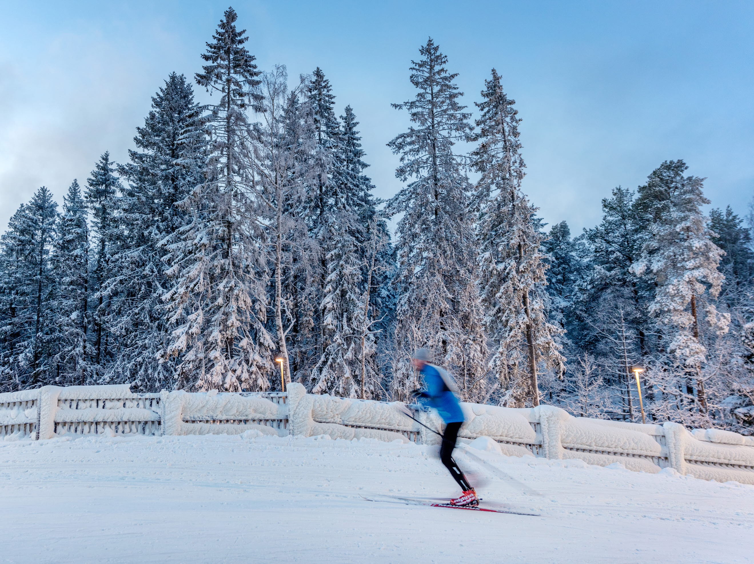 Skidåkare svischar förbi i spåren en vinterdag på Billingen Skövde. 