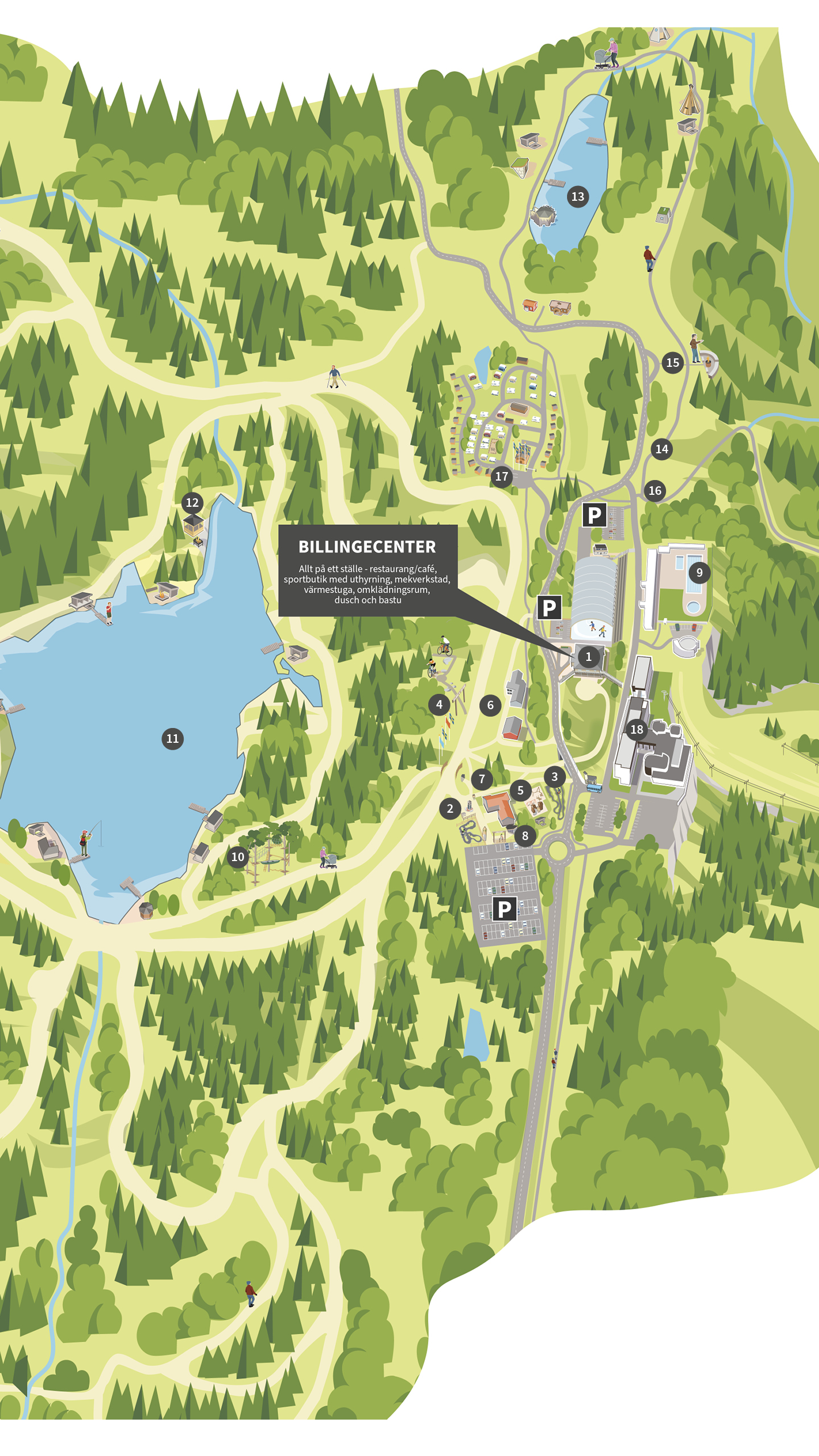 Karta över Billingens med alla aktiviteter med nummer