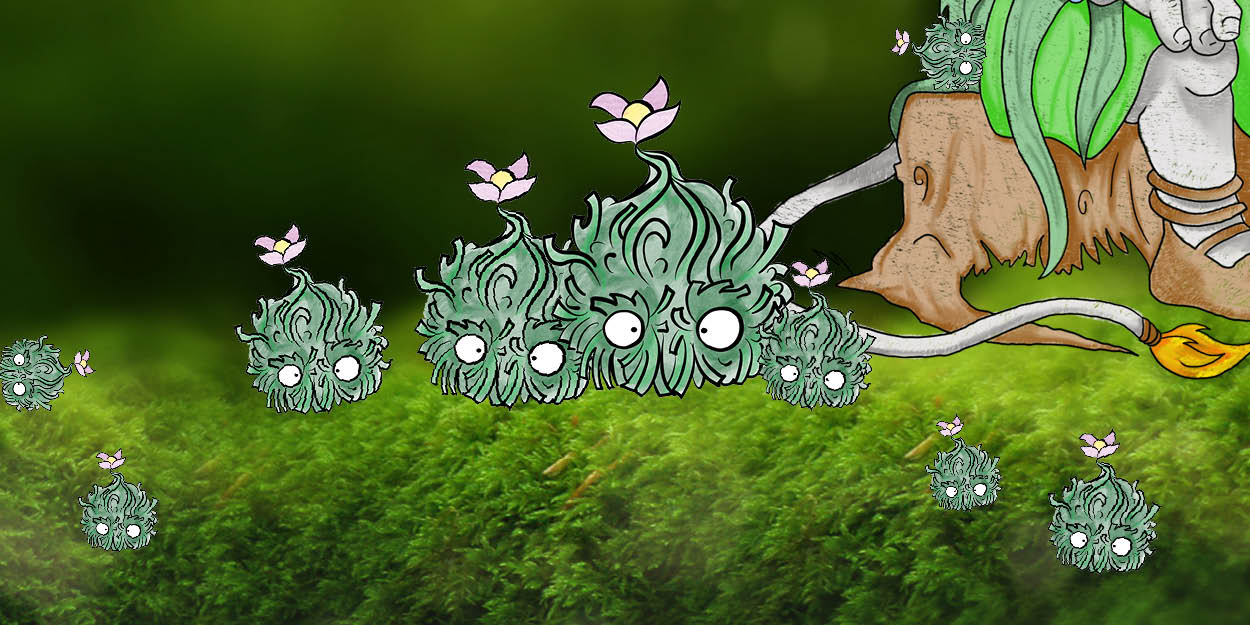 Små gröna figurer med långt hår och en rosa tofs på huvudet