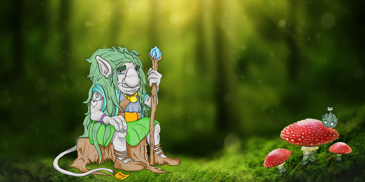 Ett tecknat troll som sitter på en stubbe i skogen, tre flugsvampar syns till höger i bild