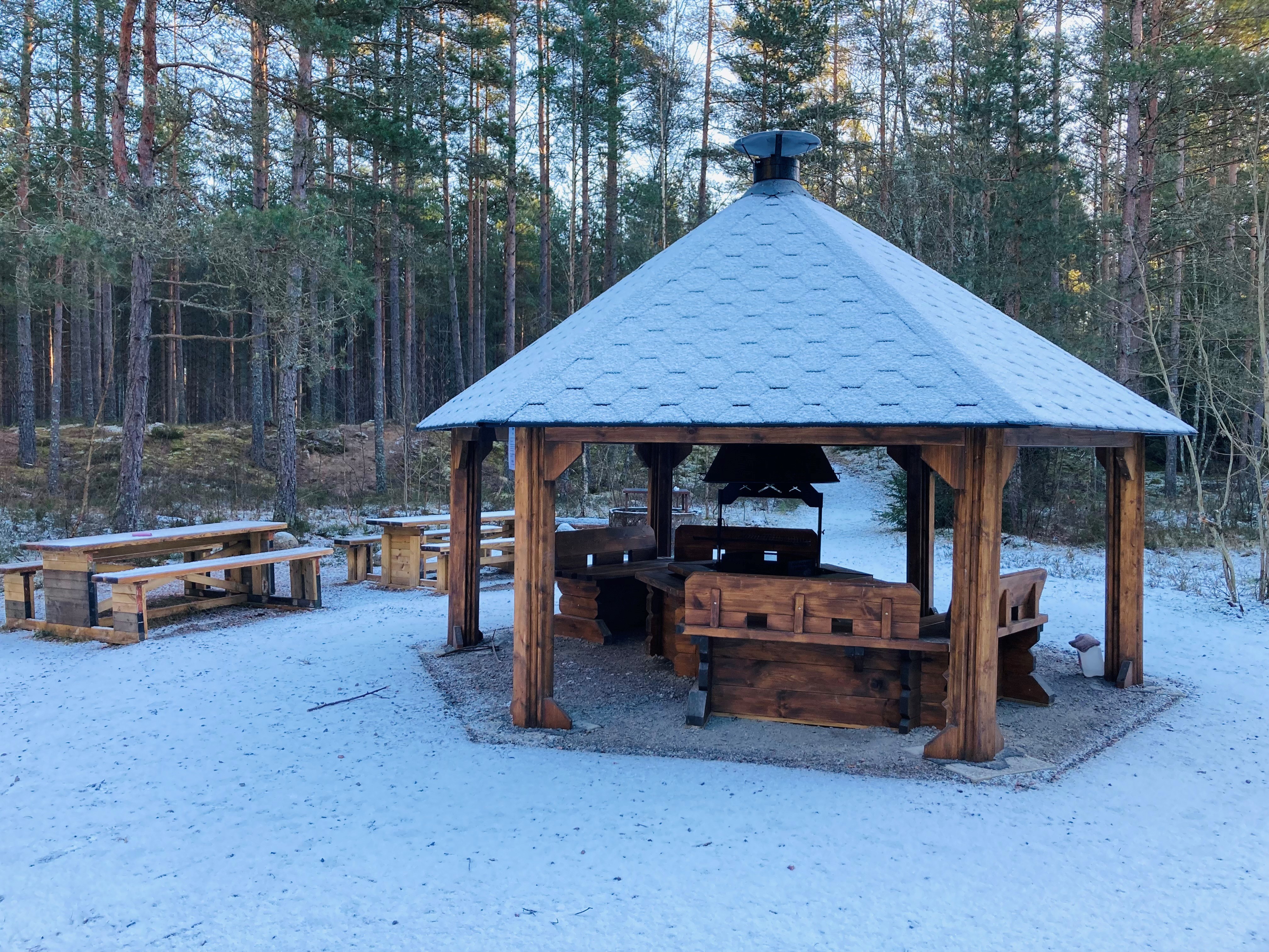 Grillplats med tak och bänkar i en skog