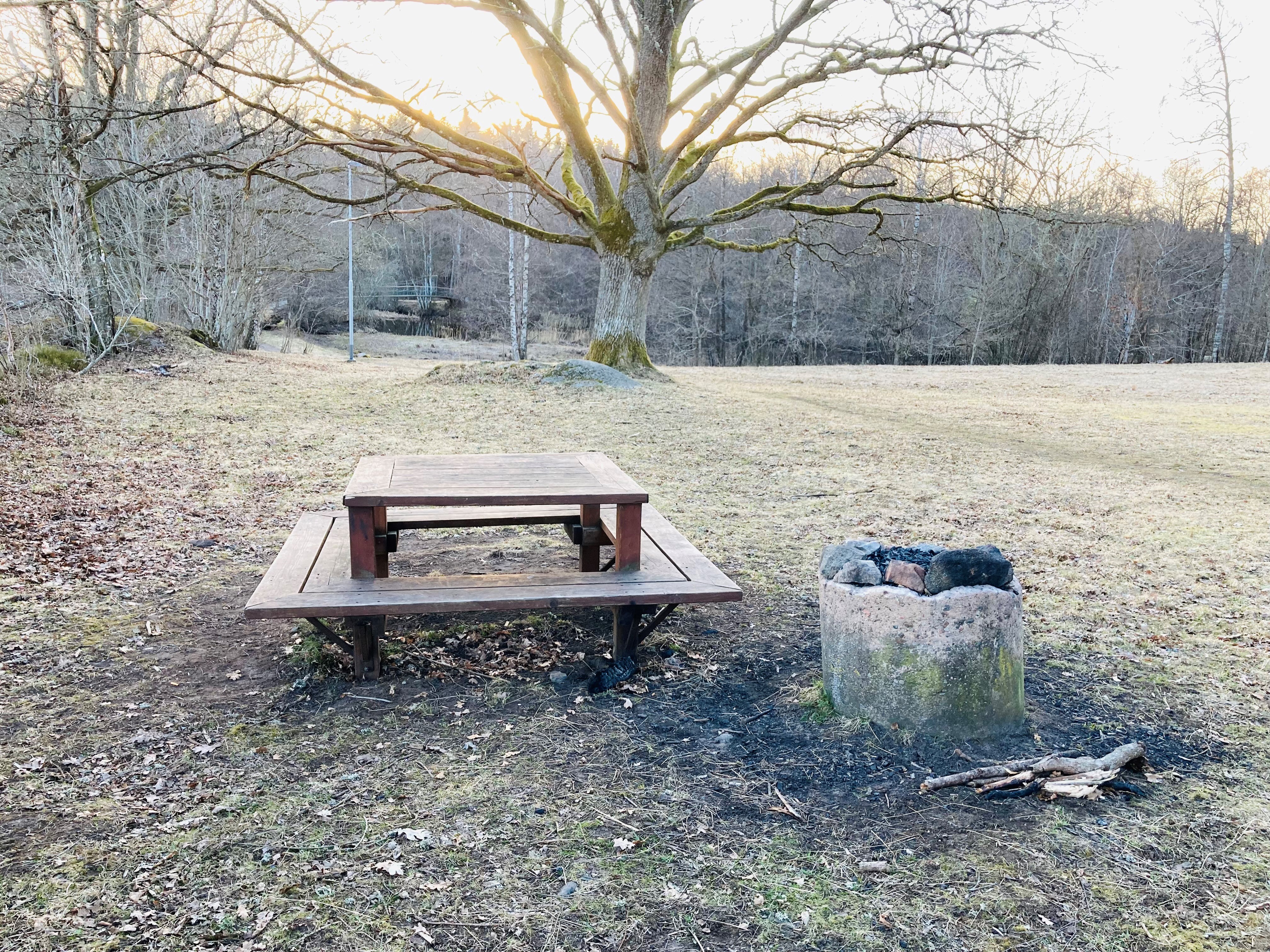 En grillplats med bänk och bord. 