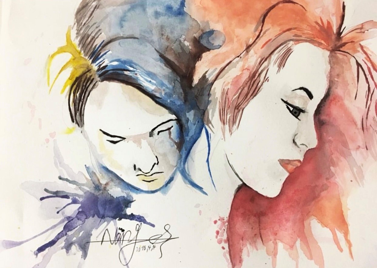 Illustrerad bild med två ansikten. En av personerna har rött hår och den andra blått.