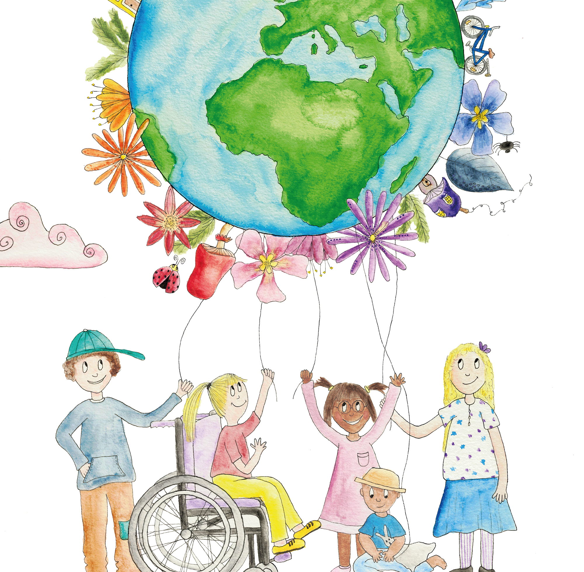 En jordglob och barn som står nedanför en av dem sitter i rullstol. på jordgloben syns blommor och hus.
