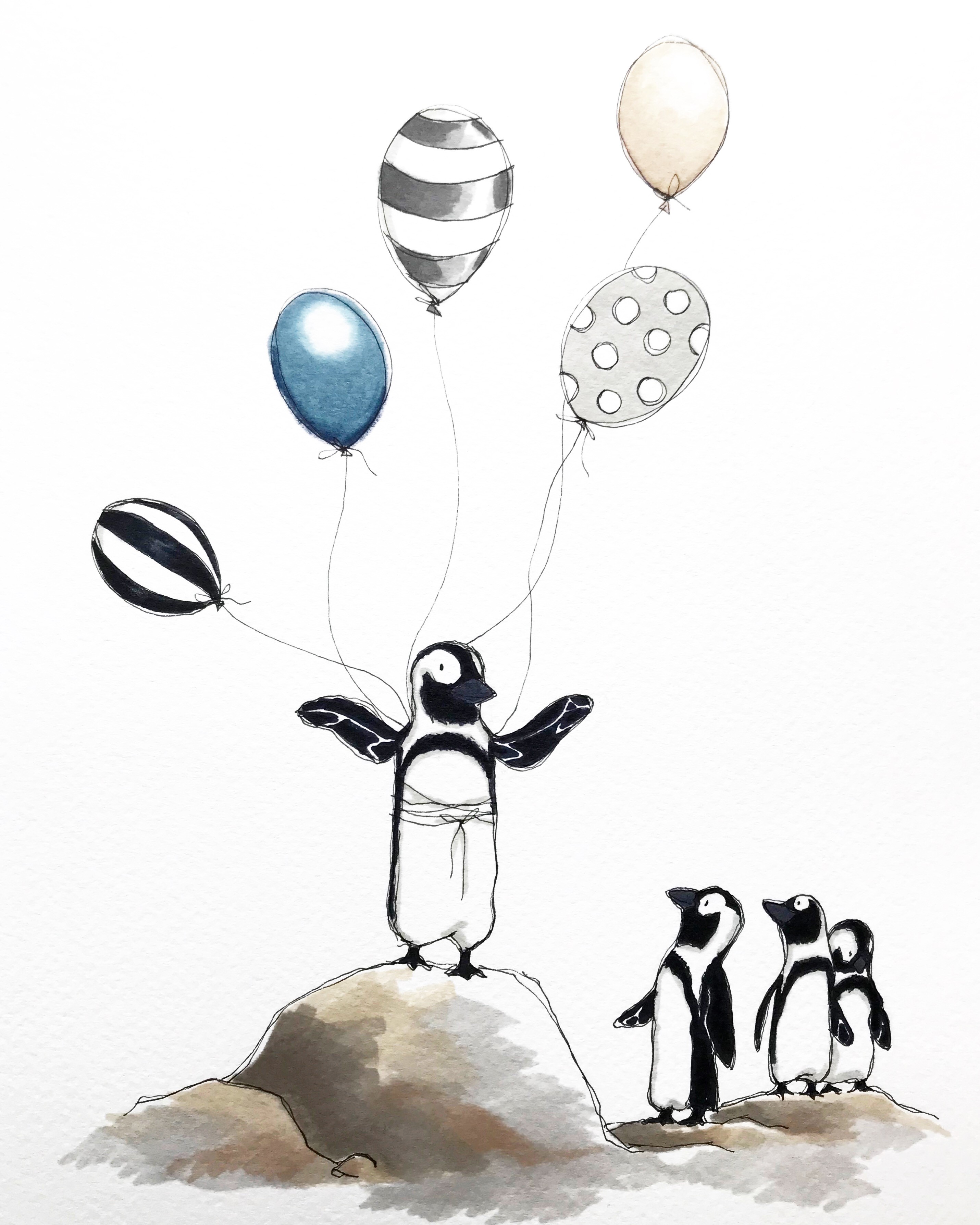 Illusterad bild på en pingvin som står på en kulle och har massa ballonger bundna runt midjan. Tre andra pingviner står och ser på.