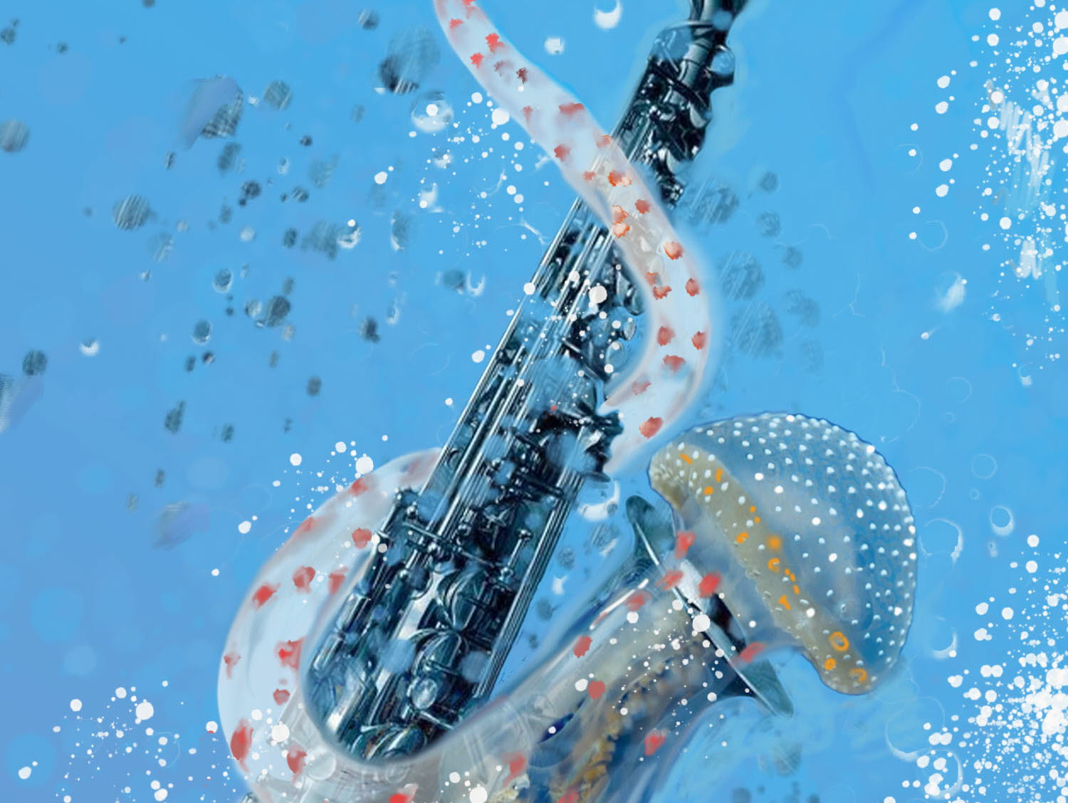 En saxofon som är vattnet och en bläckfisk slingrar sig runt den.