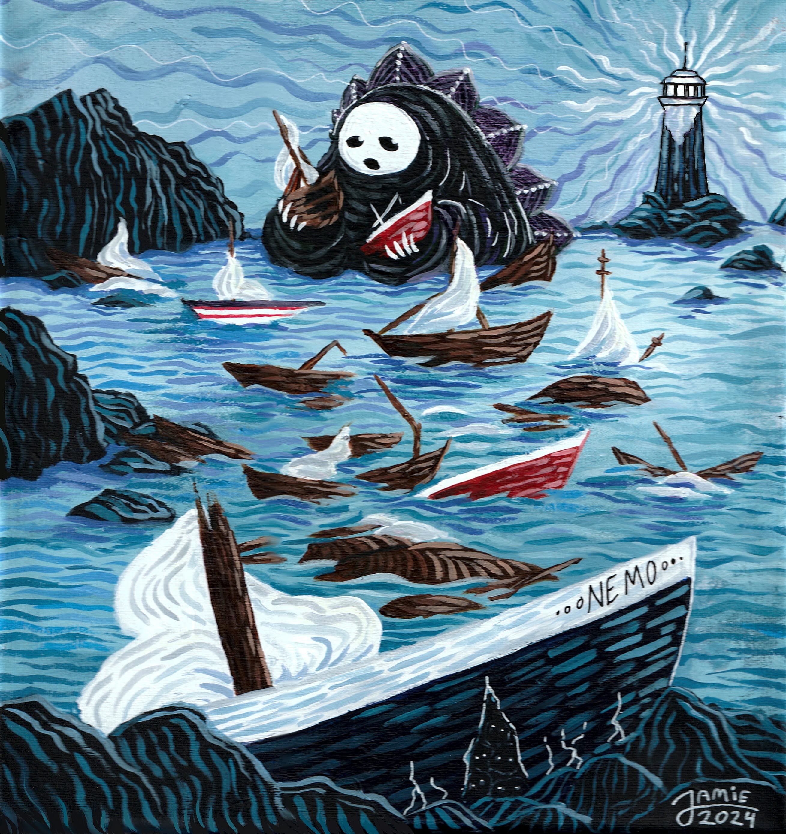 Ett hav med massa skeppsbrutna båtar. I vattnet syns också en fyr och ett monster som försöker fixa en båt