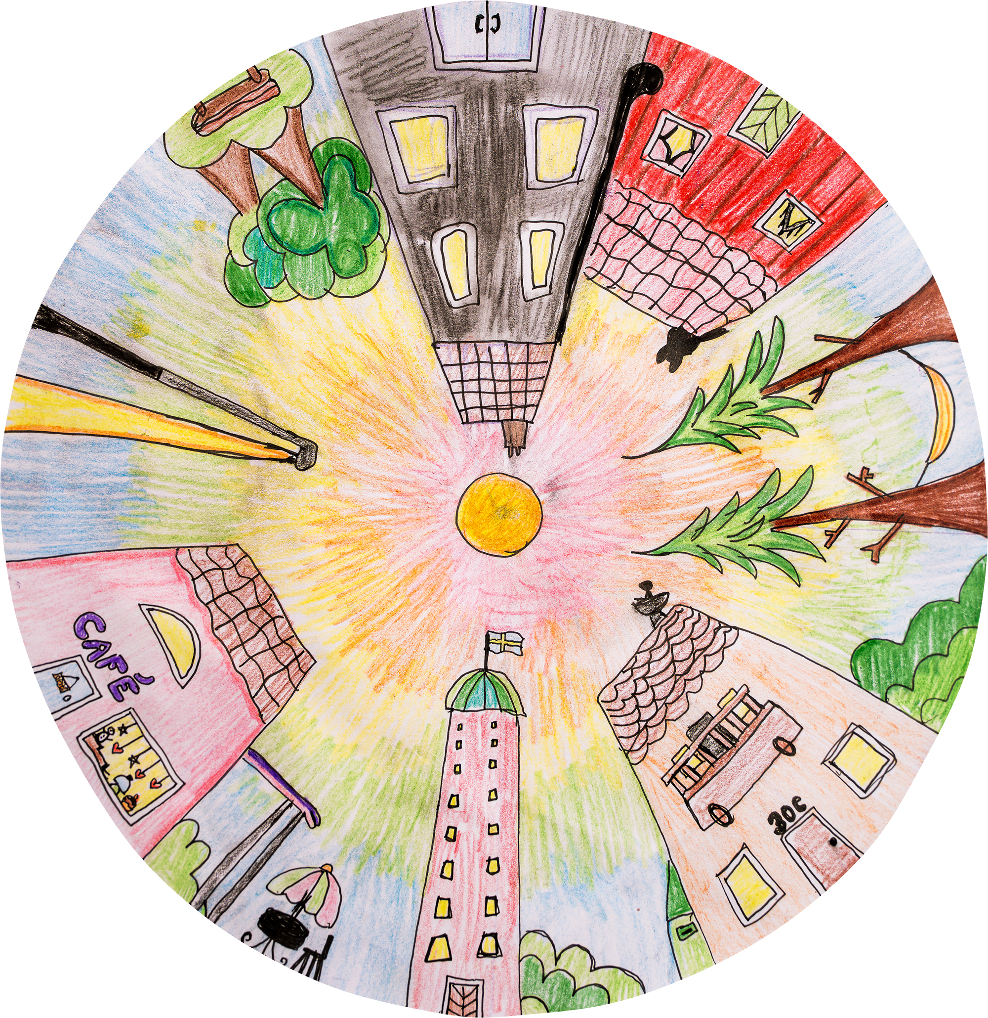 En cirkel med hus och träd. i mitten syns en sol.