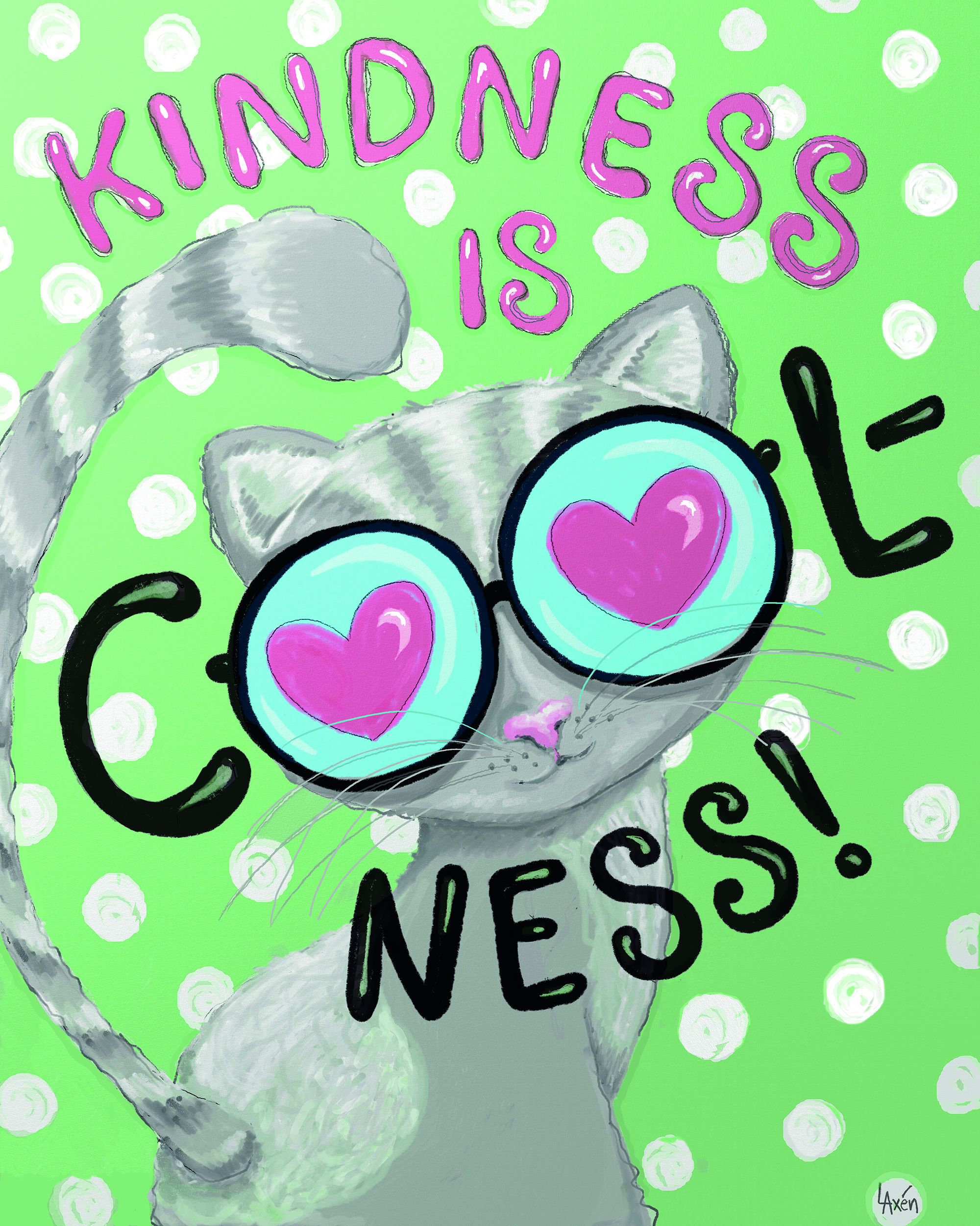 En illustrerad katt med glasögon. Texten kondness is coolness syns också i bilden. Grön bakgrund med vita prickar. 