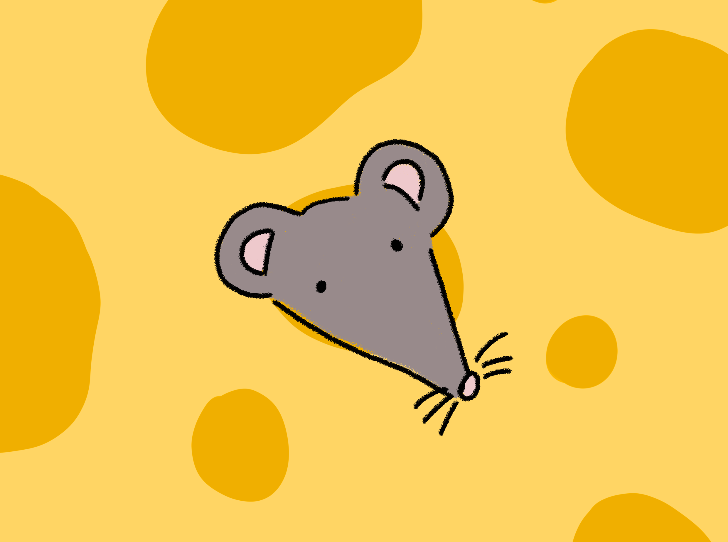 Huvudet på en mus som kikar ut ur en gul ost. Illustrerad bild.