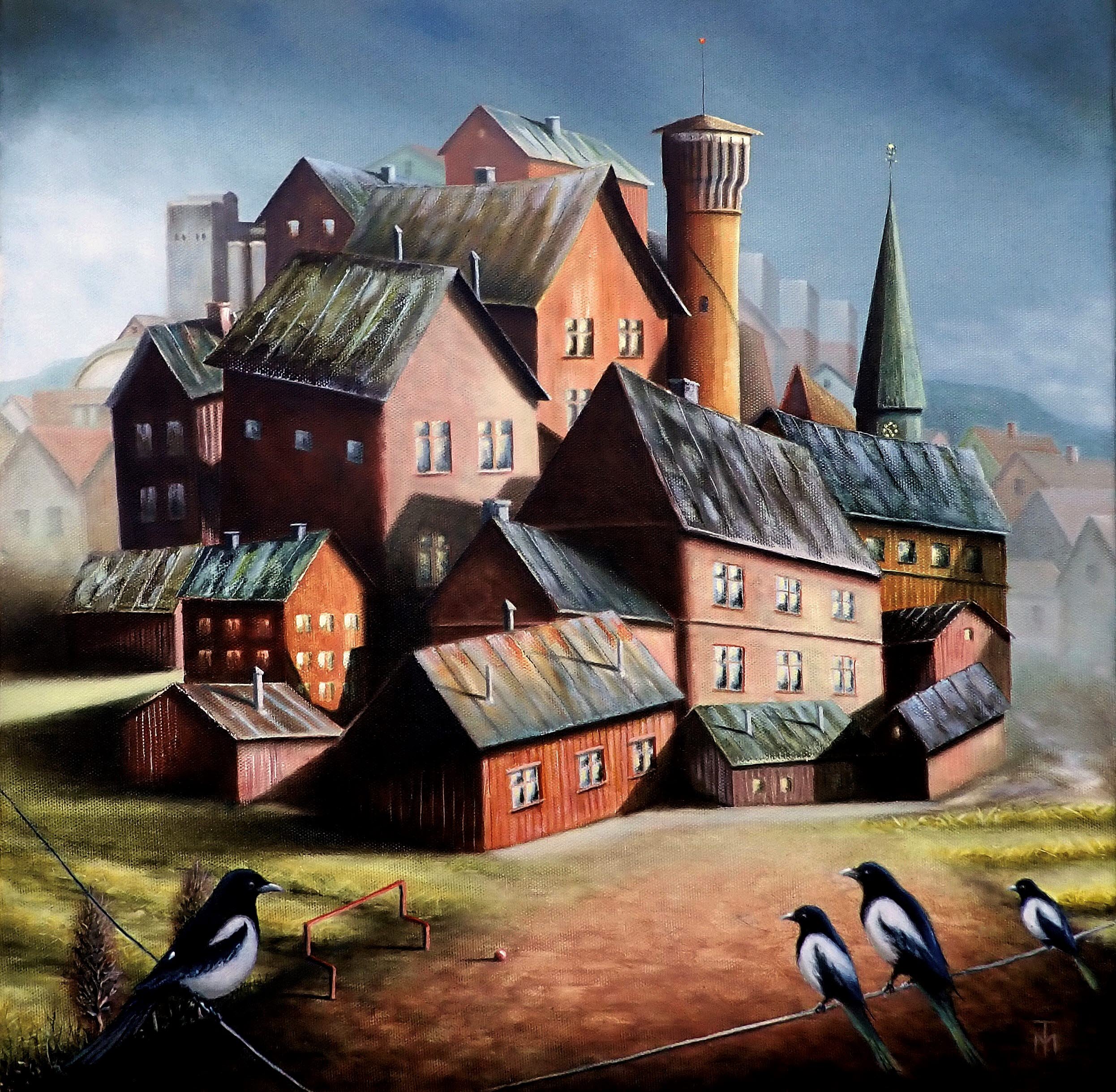 Illustrerad bild på en stad med ett utsiktstorn i tegel i mitten.