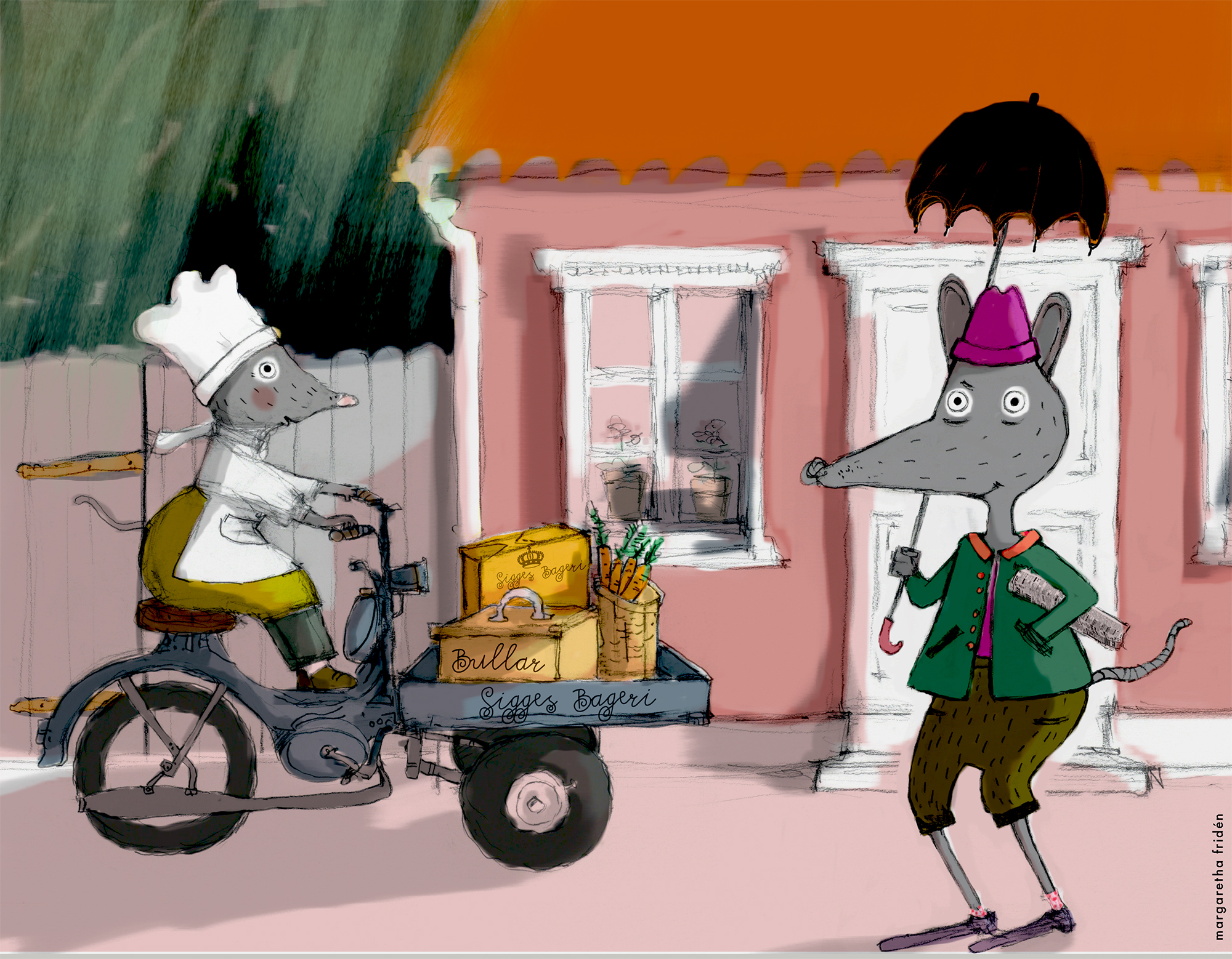 en illustrerad bild på en mus med kockmössa som kör en flakmoped och en mus som står med ett paraply och tittar på.