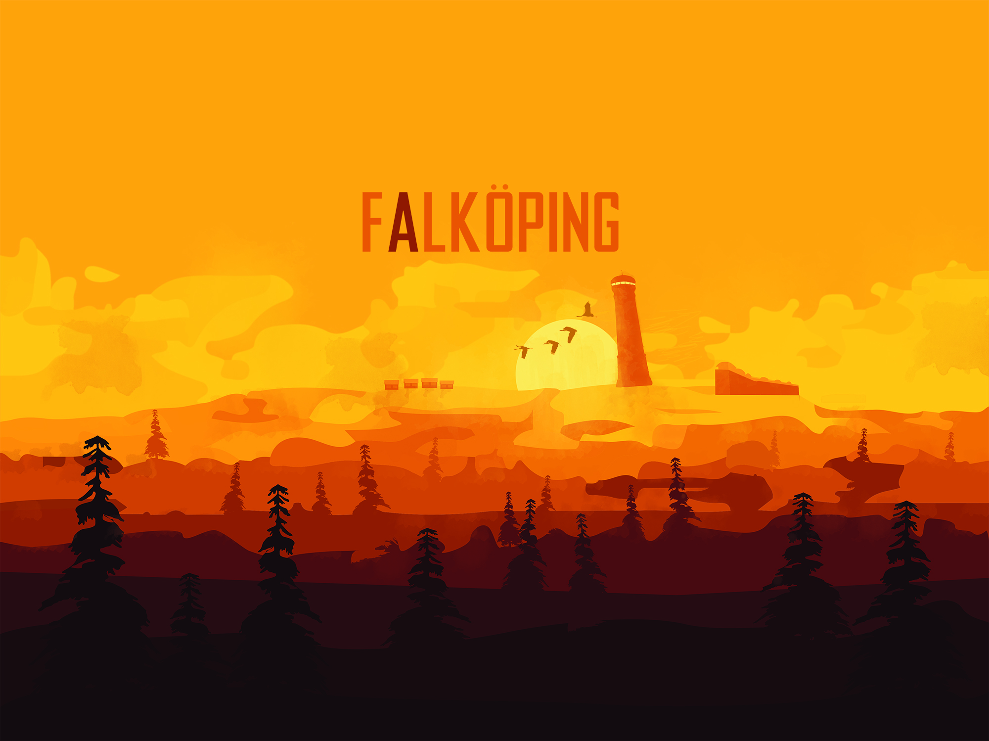 En solnedgång i organge färger. Texten Falköping syns och utsiktstornet på Mösseberg är också med i bilden.
