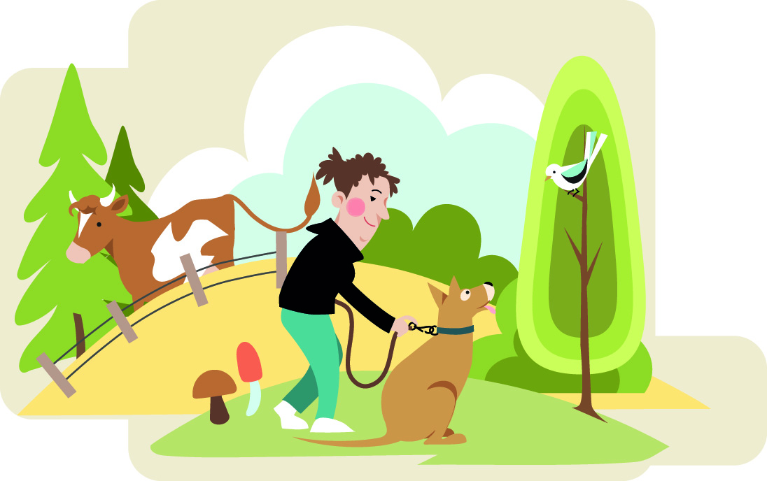 illustration av en människa och en kopplad hund.