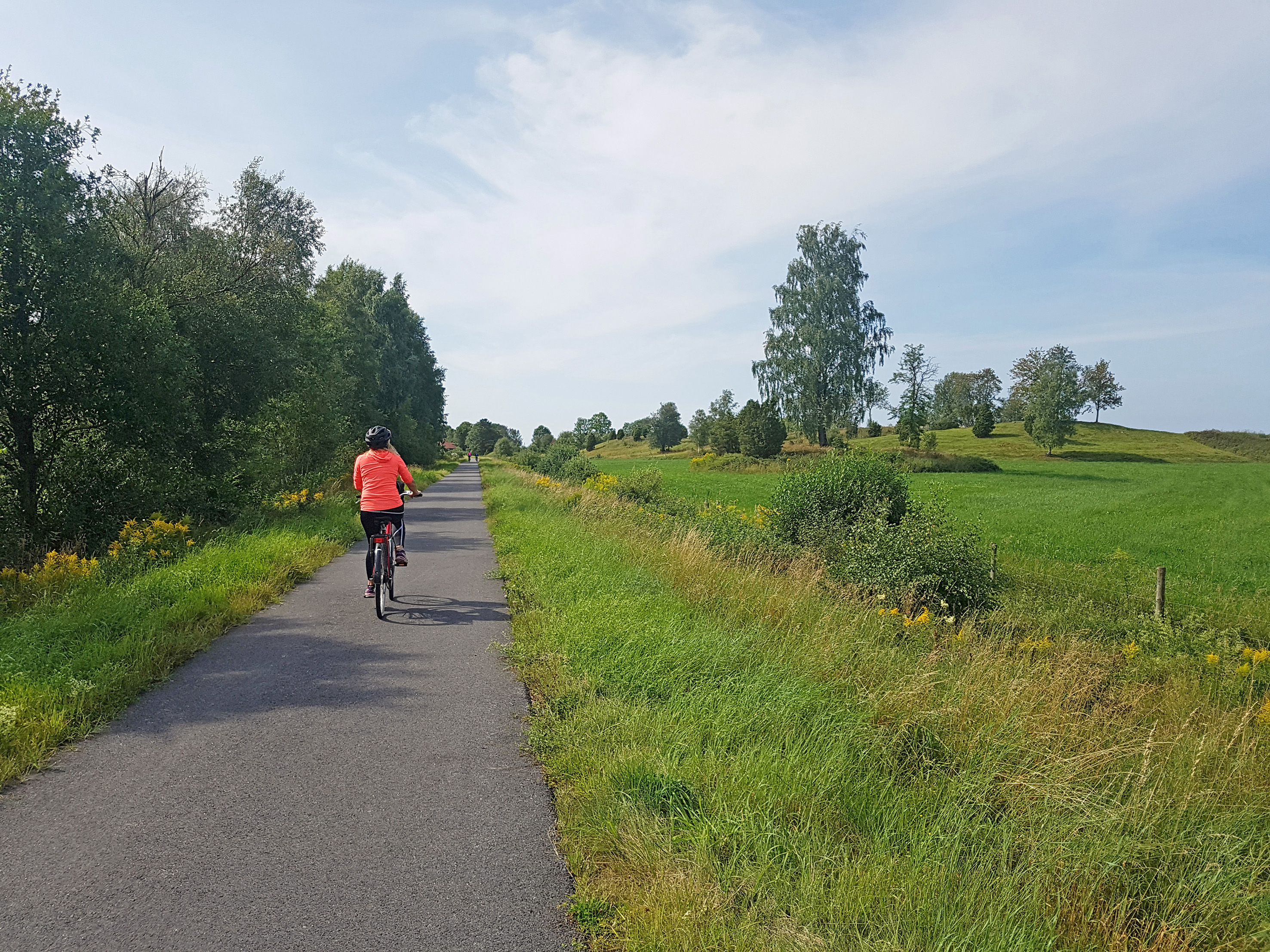 woman in orange sweater cycling on asphalt bike path in green surroundings.