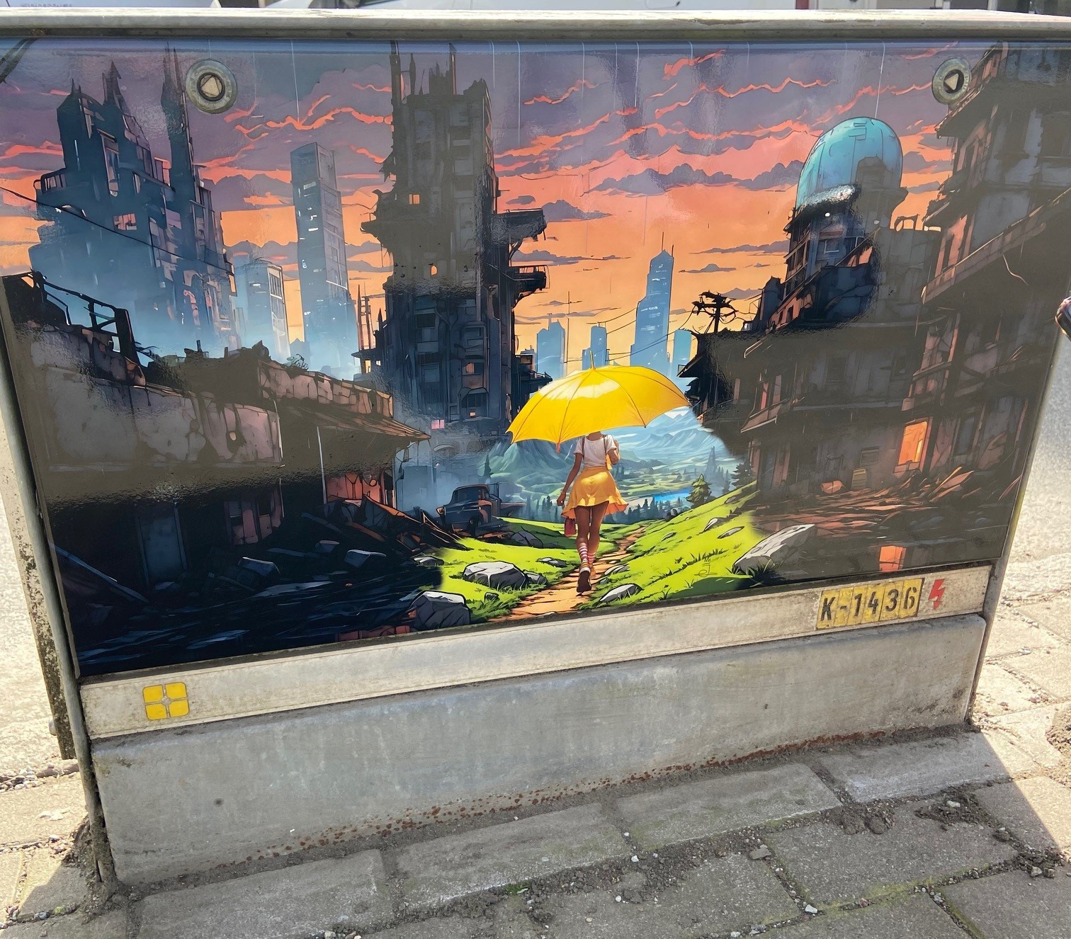 Elskåp med en bild av en kvinna med ett gult paraply som går genom en mörk stad.