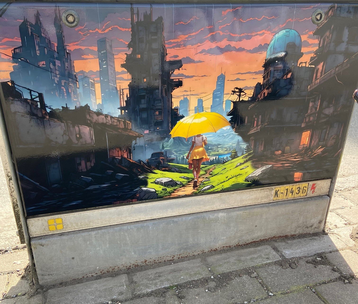 Elskåp med en bild av en kvinna med ett gult paraply som går genom en mörk stad.