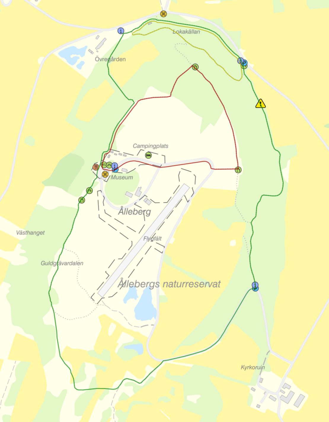 kartbild över ålleberg med leder och intressepunkter utmärkta.