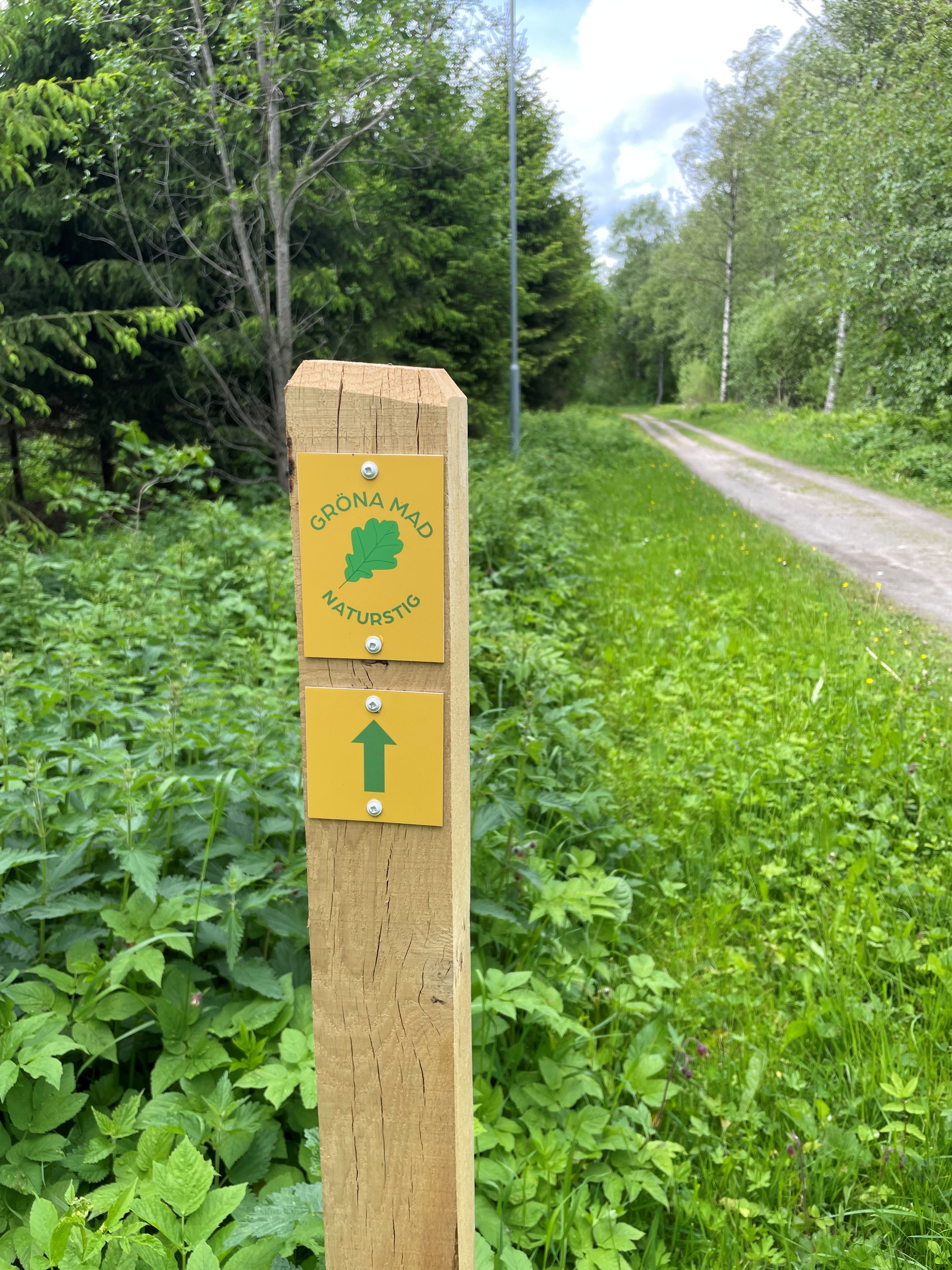 en stolpe med skylten Gröna mad naturstig. i bakgrunden ser man en del av stigen.