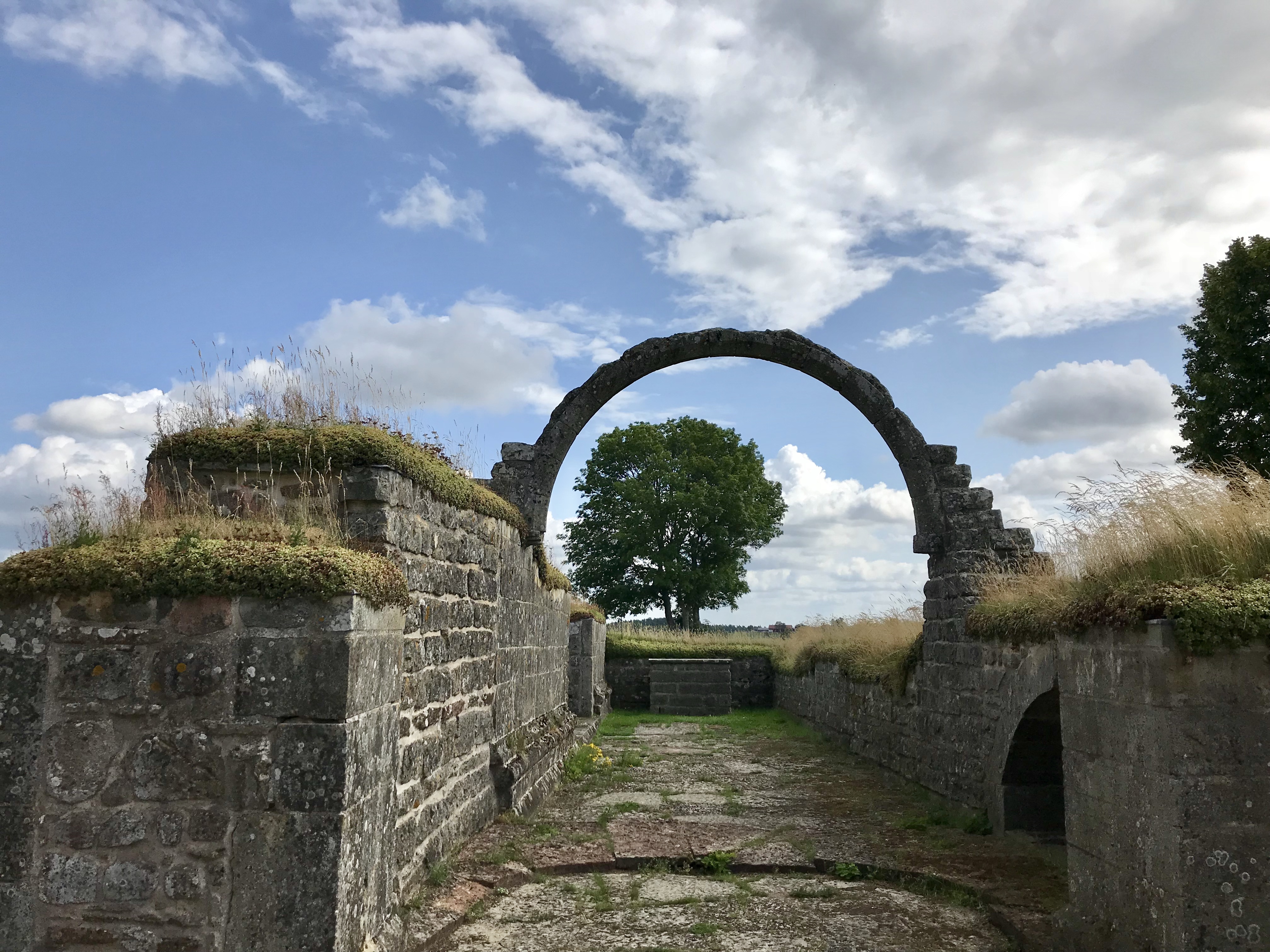 Stenruin med ett träd i bakgrunden.