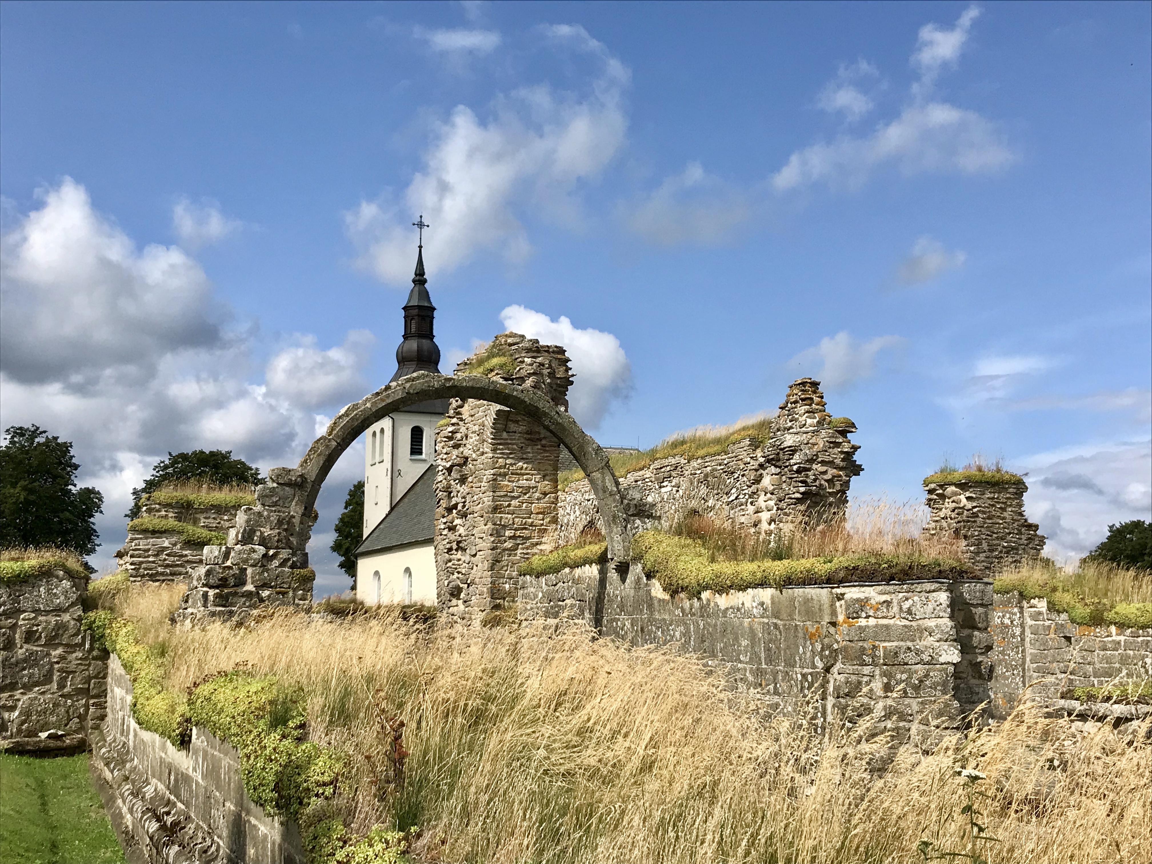 Gudhems klosterruin med Gudhems kyrka i bakgrunden.
