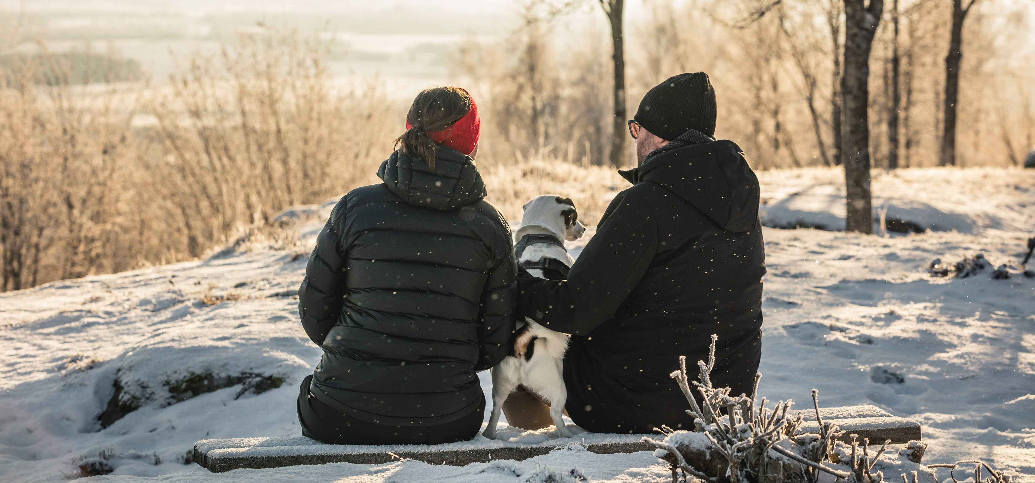 Man och kvinna i vinterkläder sitter på en bänk med en hund mellan sig. Tittar ut på vinterlandskapet.