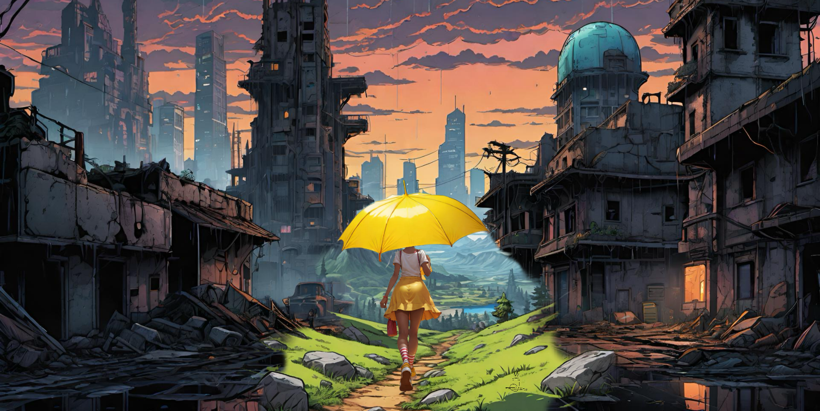 En kvinna som går igenom en mörk stad. Hon har ett gult paraply och en gul kjol på sig.