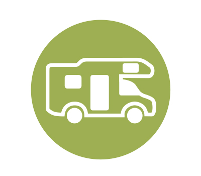 Parking space icon. White motorhome with green background.