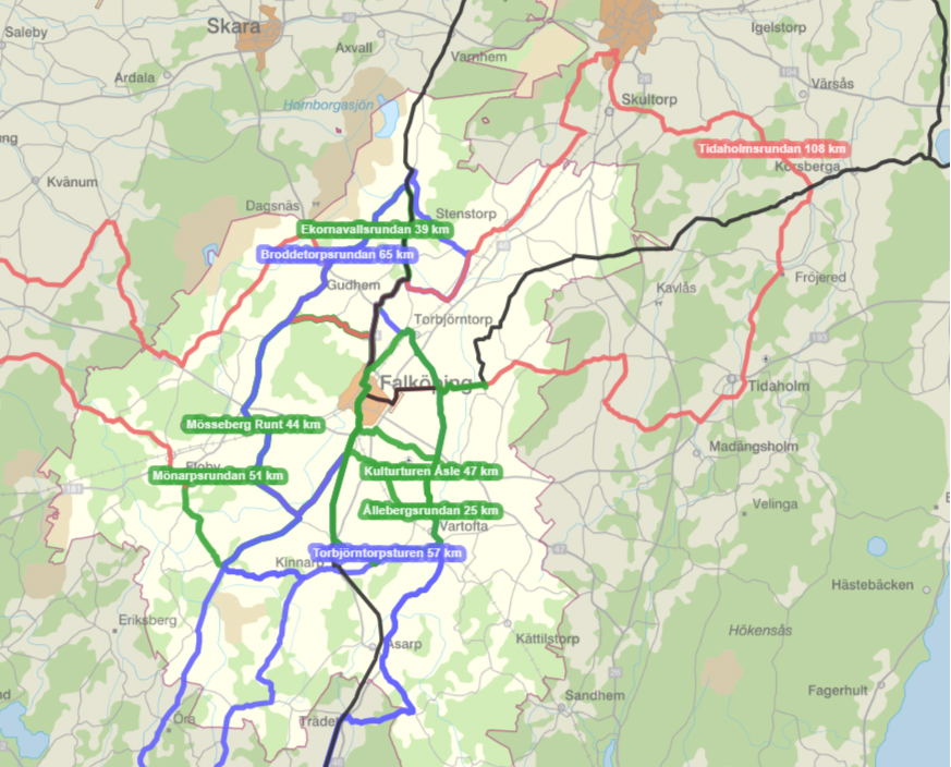 En karta med turerna utritade. 
