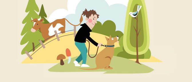 Illustrerad bild på en människa med hund som är i naturen. 