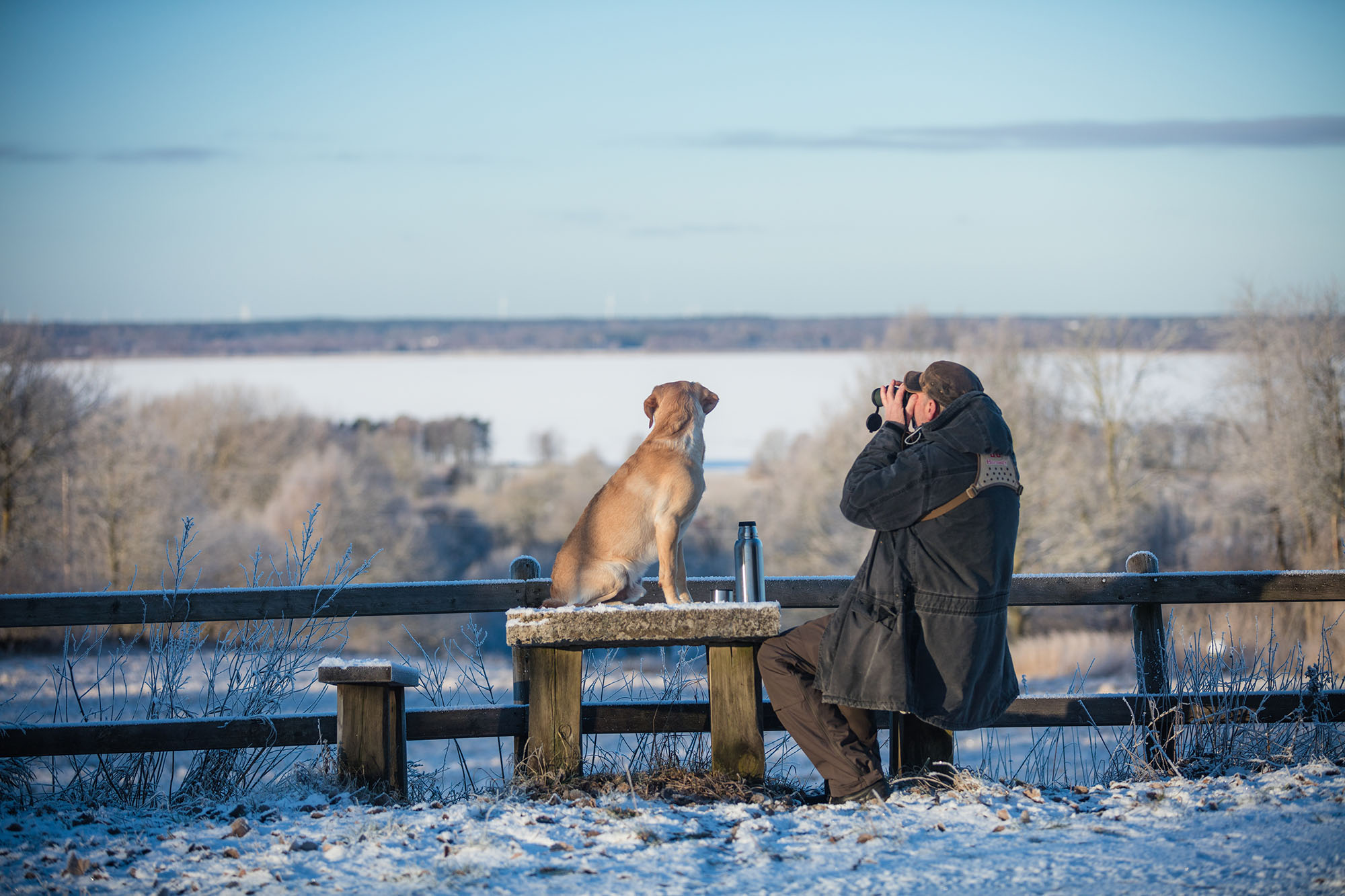 Man sitter med kikare. Hund sitter bredvid på ett träbord vid rastplatsen. Det är vinter.