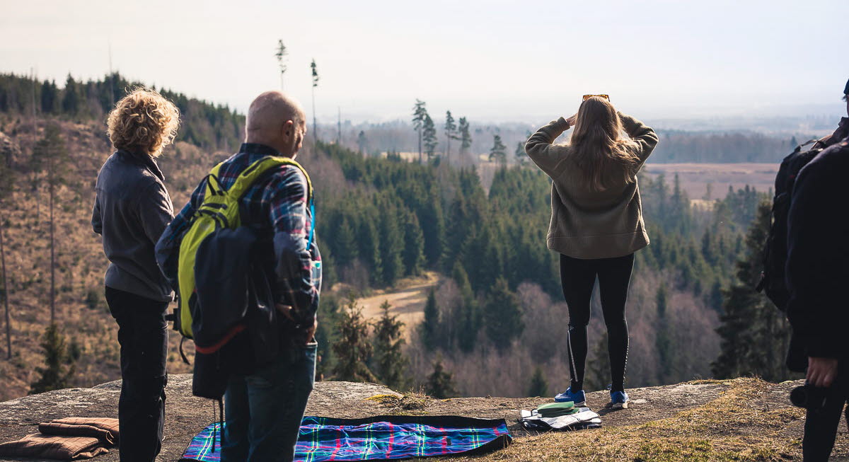 Four people standing and looking at the view at Vråhallen.