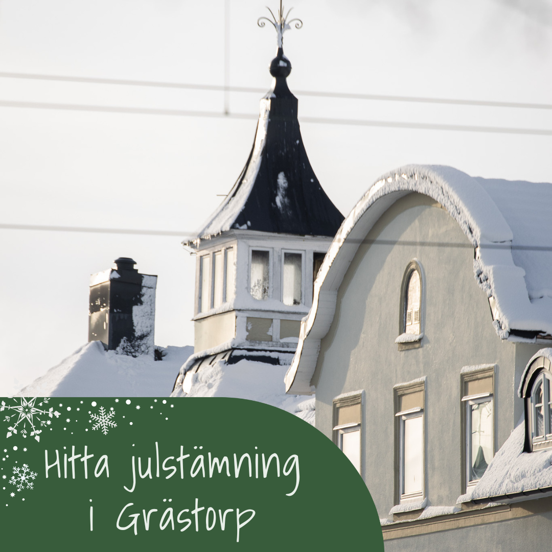 Jul i grästorp. Bild på snöklädda byggnader i Grästorp.