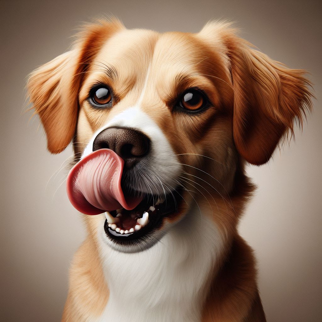 En illustrativ bild av en hund som slickar sig om munnen. 