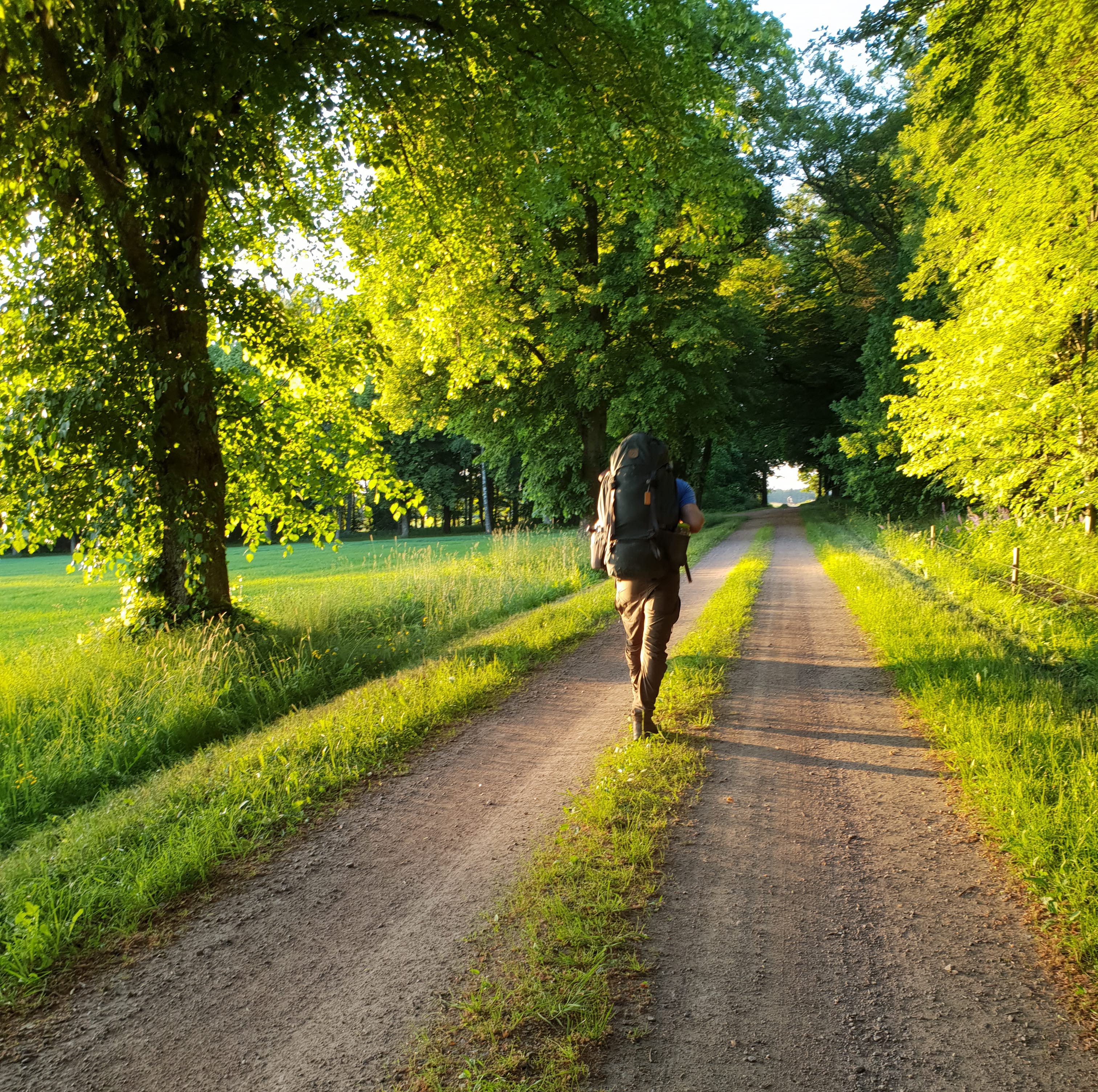 En kille med vandringsryggsäck går på grusväg i kvällsolen.